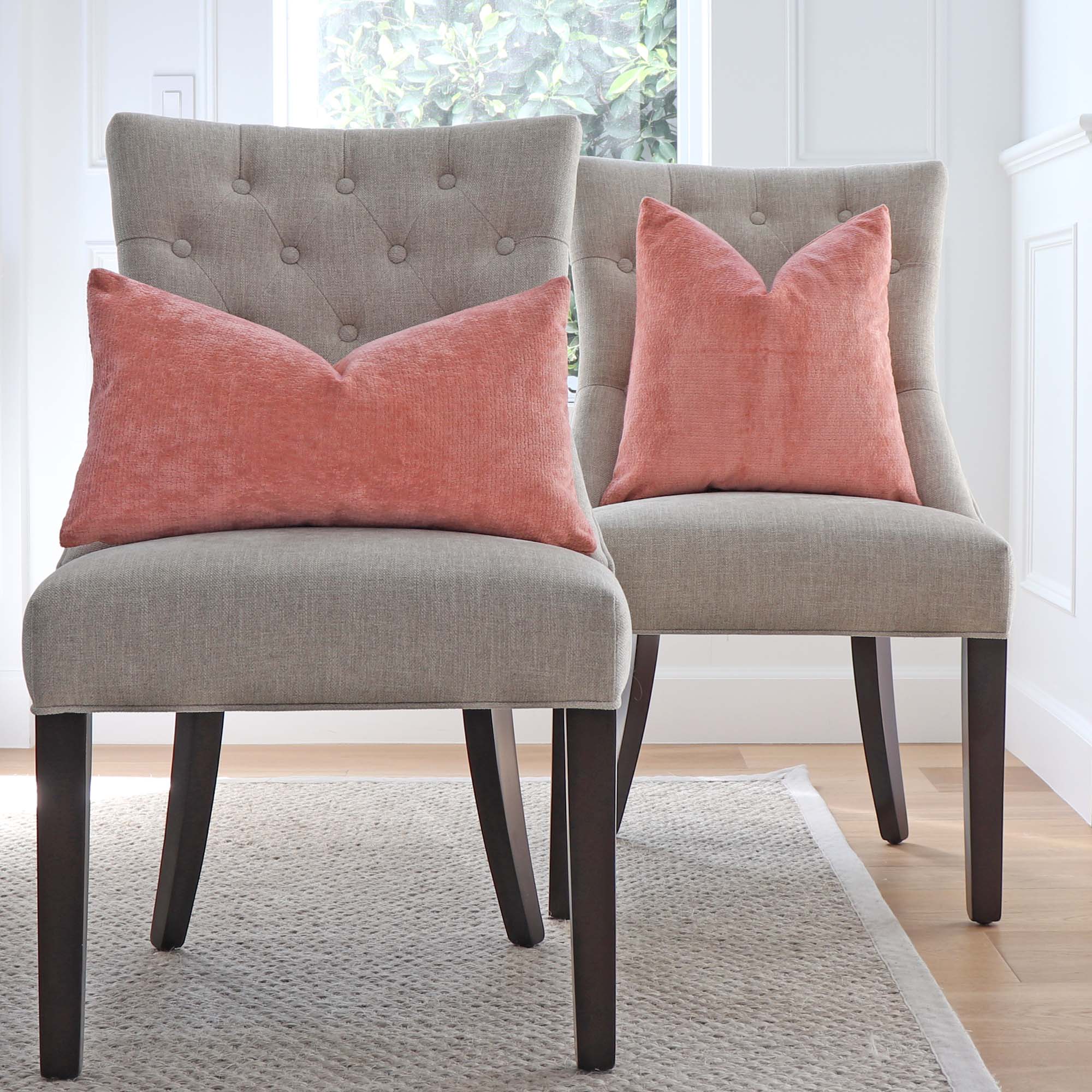 Kelly Wearstler Lee Jofa Rebus Sorbet Salmon Pink Velvet Throw Pillow Cover on Dining Chairs
