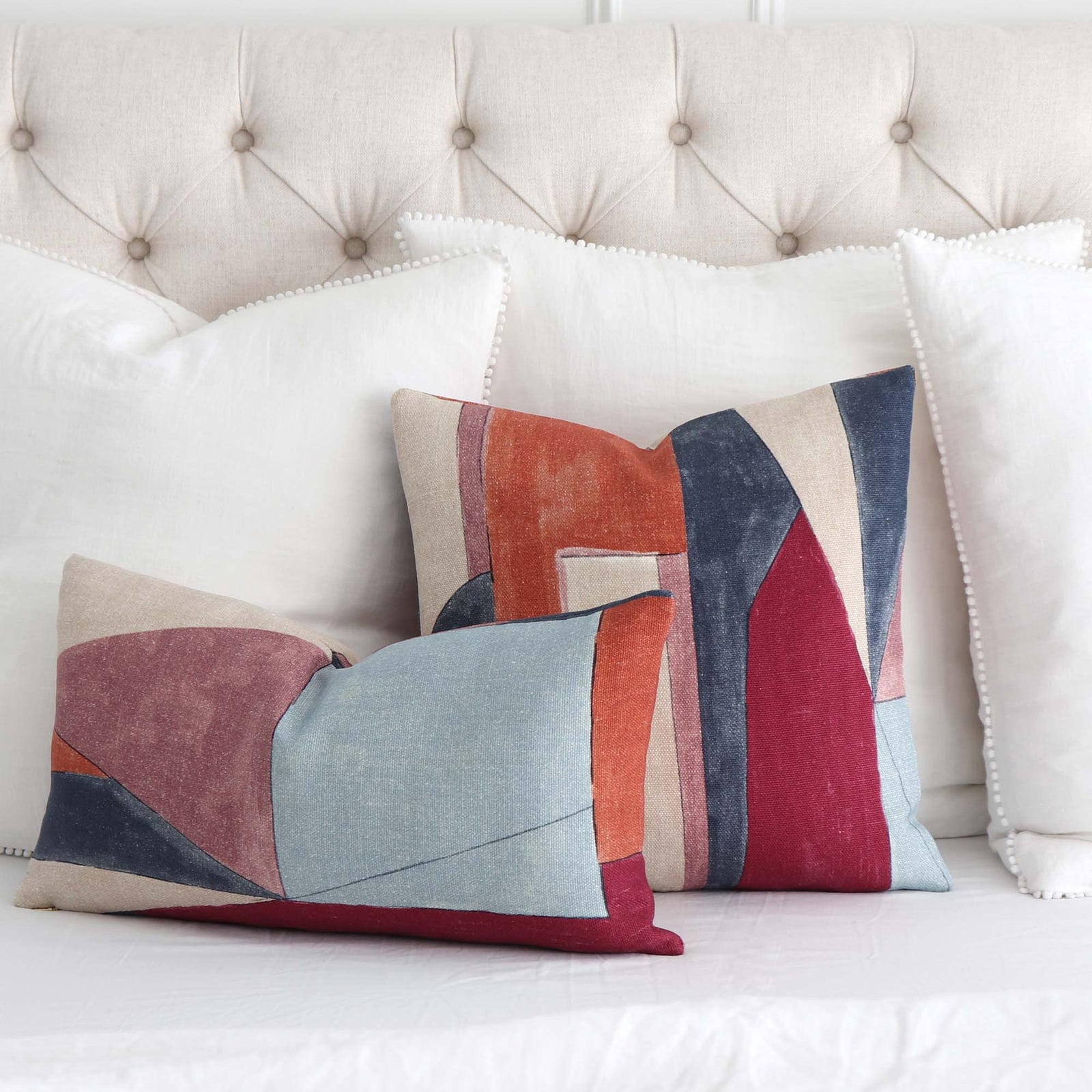 Kelly Wearstler District Claret Geometric Designer Throw Pillow Cover on Queen Bed