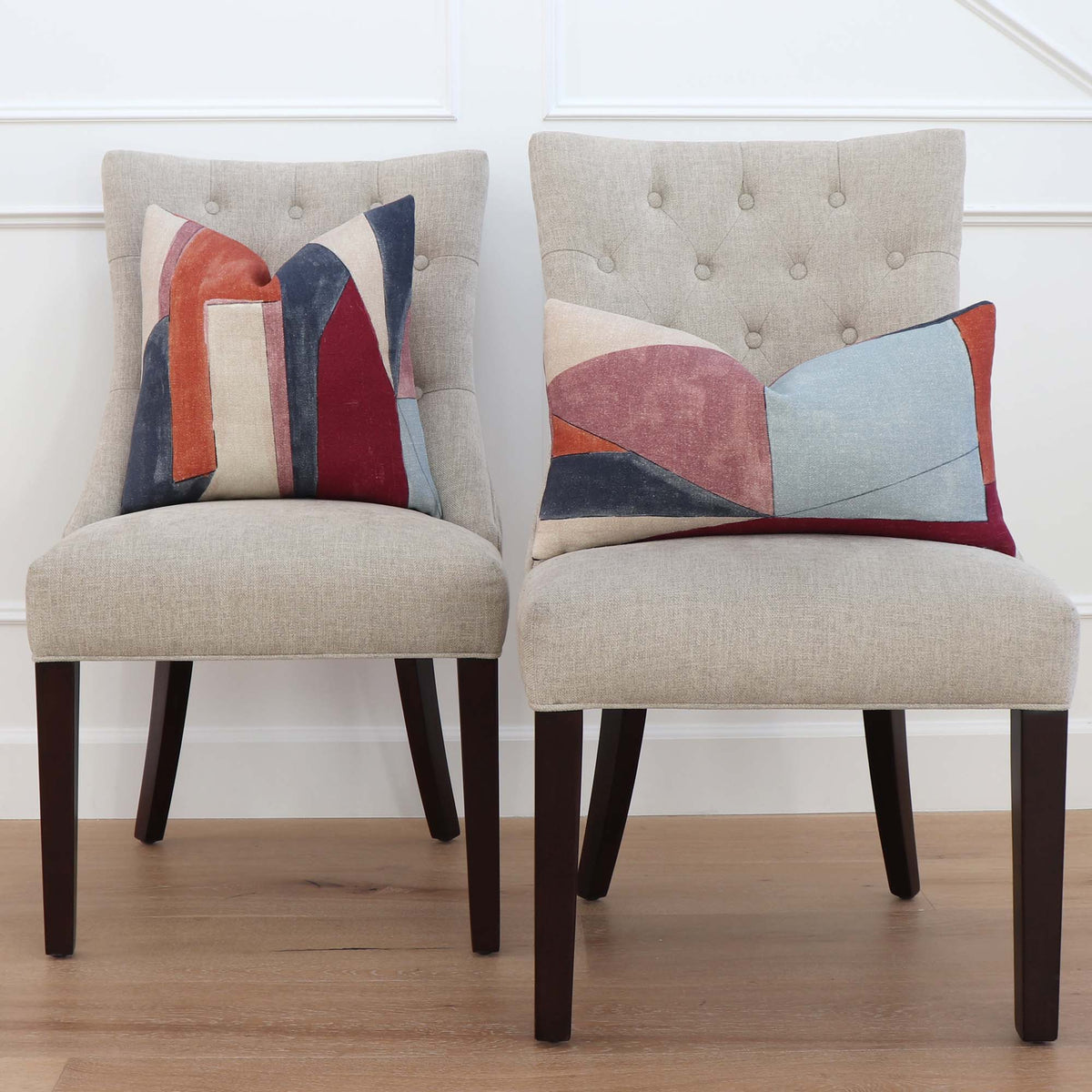 Kelly Wearstler District Claret Geometric Designer Throw Pillow Cover on Accent Chairs