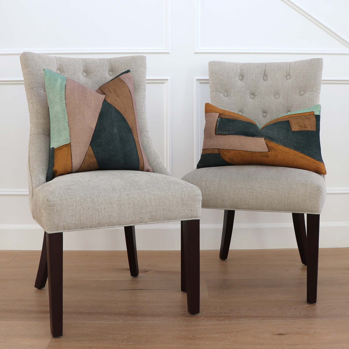 Kelly Wearstler District Tobacco Decorative Luxury Designer Throw Pillow Cover on Scenic Chairs