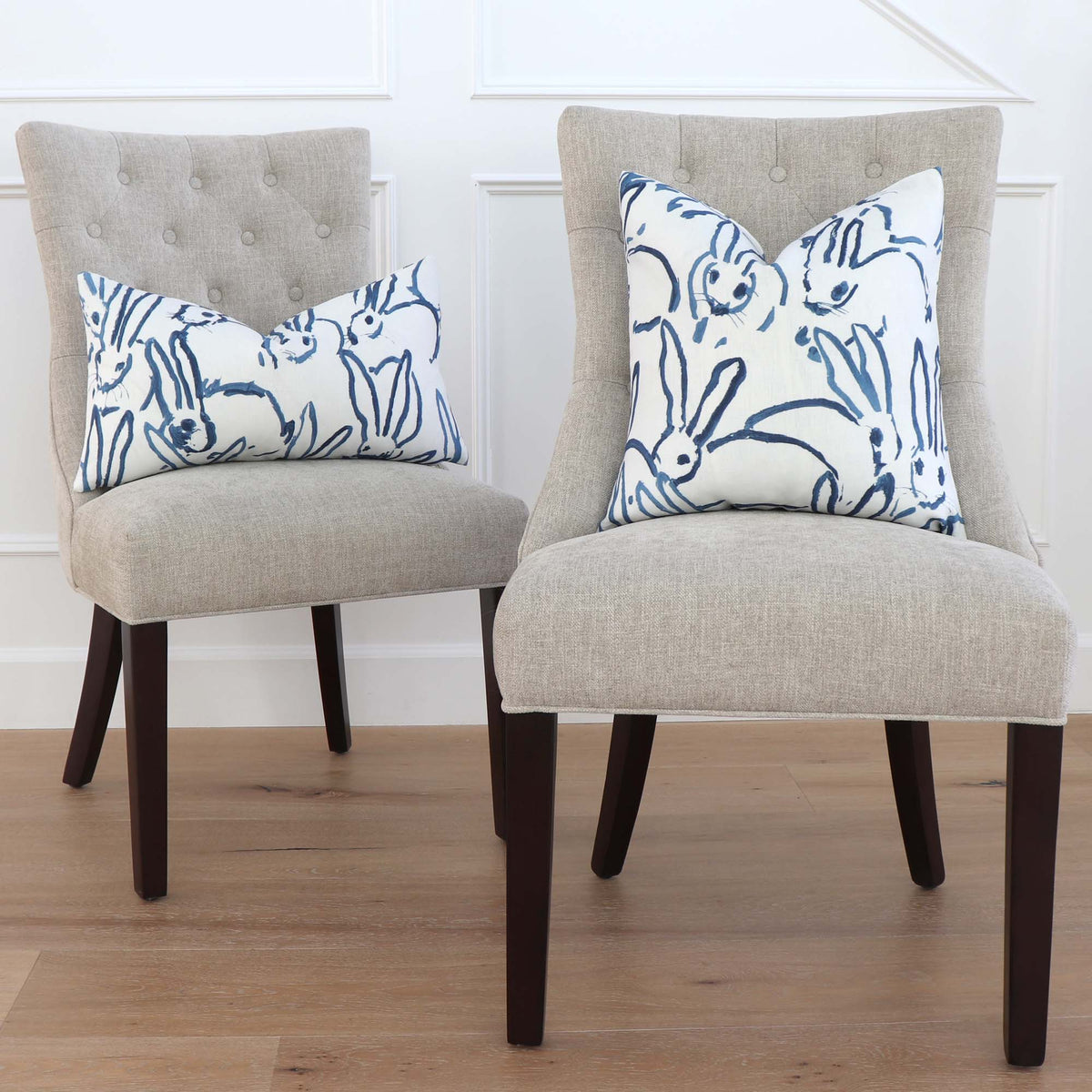 Lee Jofa Groundworks Hutch Bunny Navy Blue Designer Luxury Throw Pillow Cover on Textured Chairs