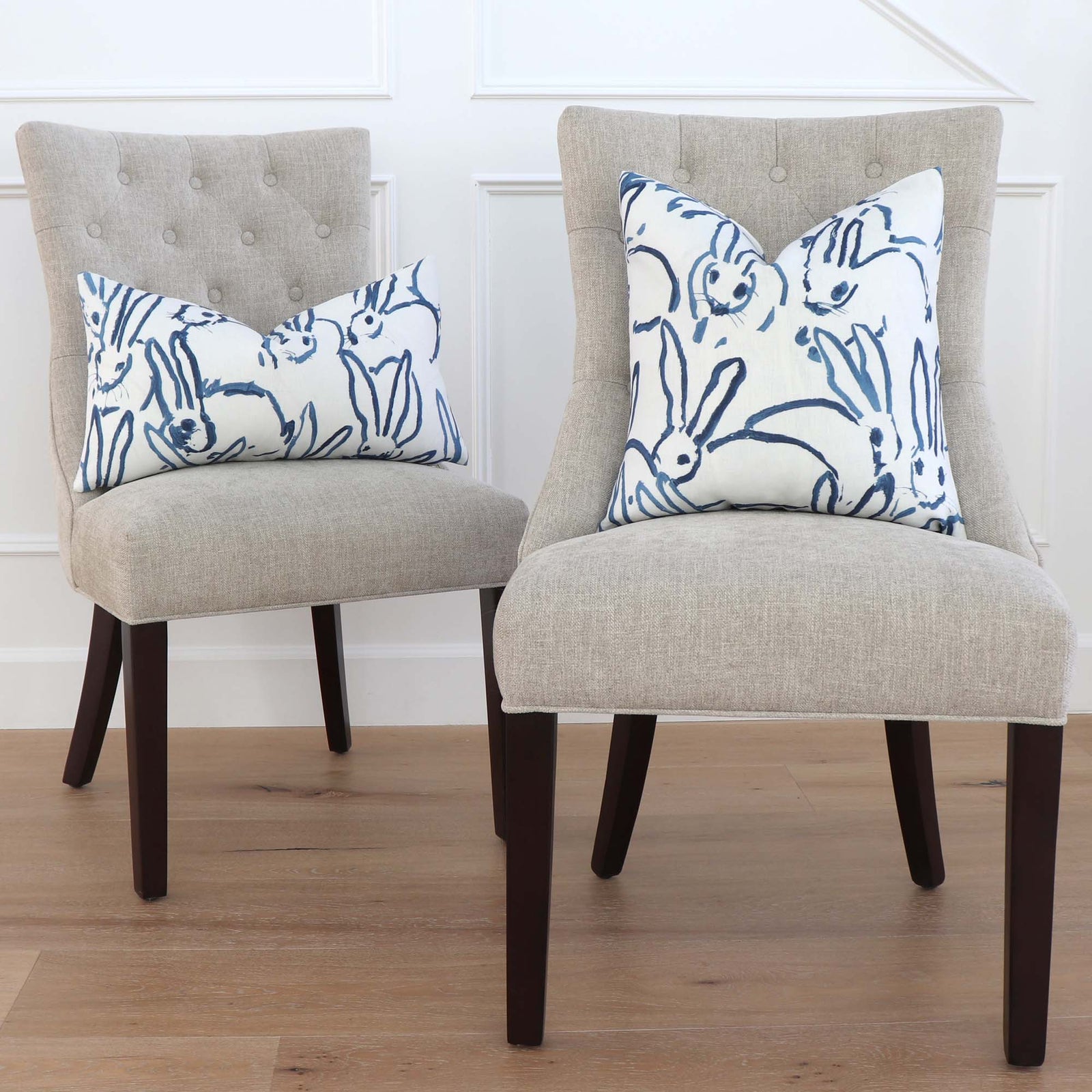 Lee Jofa Groundworks Hutch Bunny Navy Blue Designer Luxury Throw Pillow Cover on Textured Chairs
