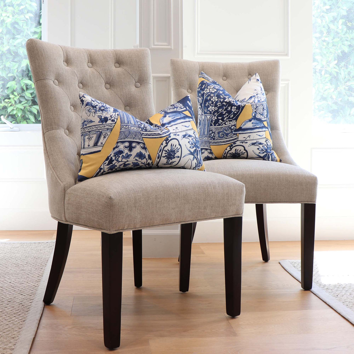 Lee Jofa Kravet Pandan Ming Vase Print Maize Yellow and Blue Designer Luxury Decorative Throw Pillow Cover on Chairs in Home