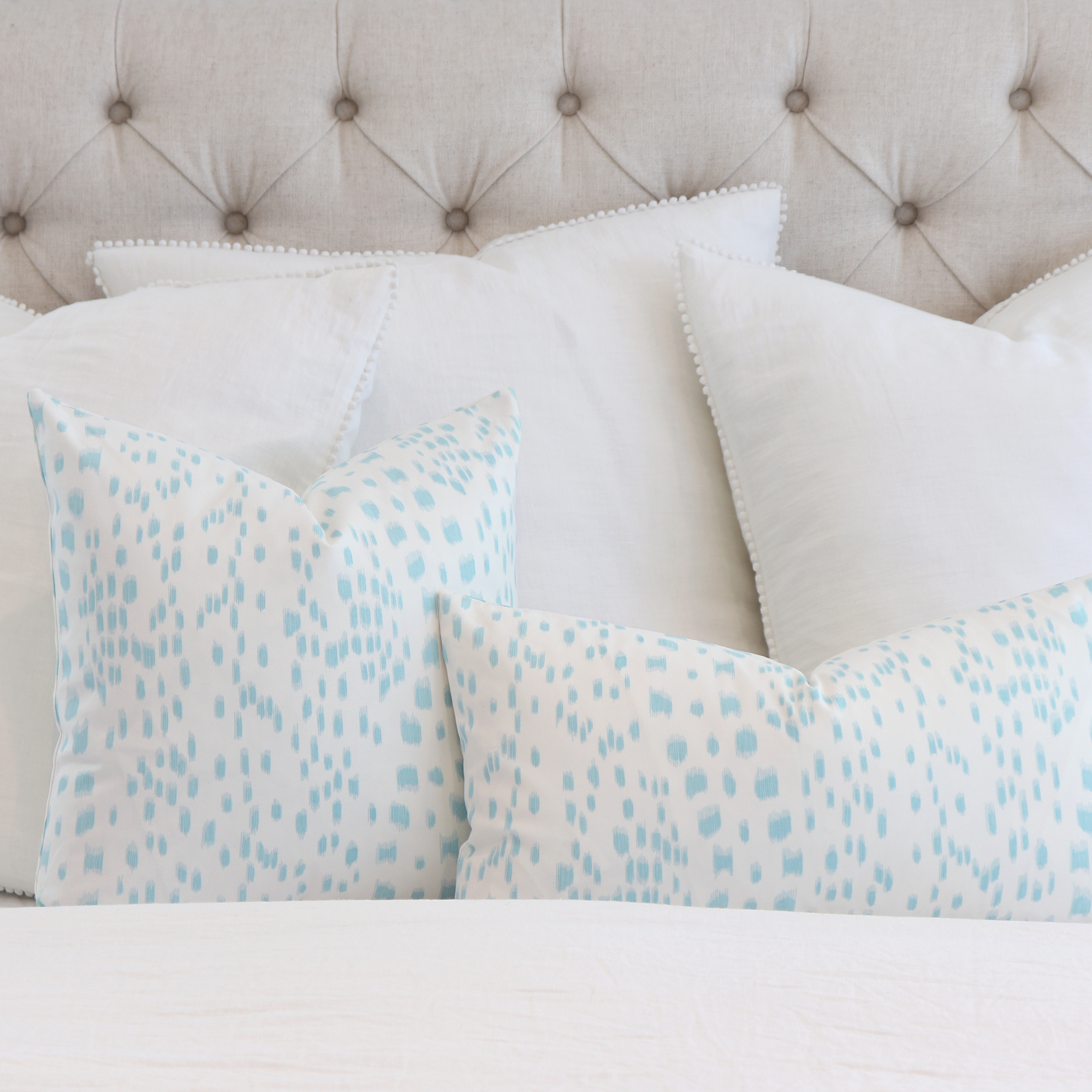 Les Touches Pool Light Blue Throw Pillow Cover on King Bed