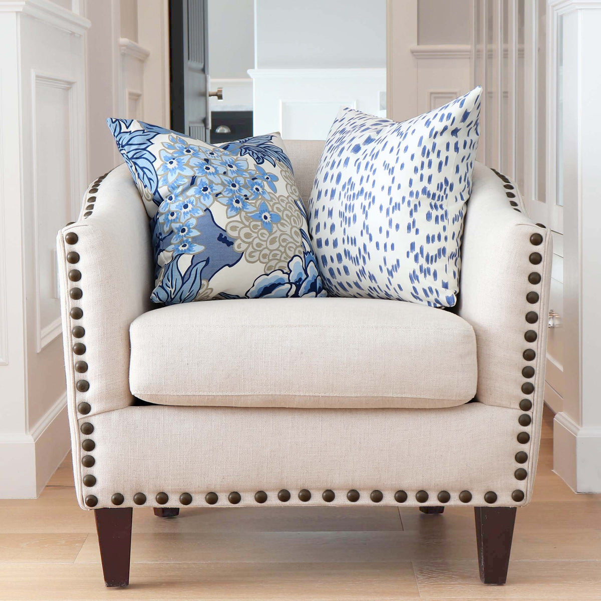 Les Touches Cadet Periwinkle Blue Designer Throw Pillow Cover on Accent Chair in Bedroom