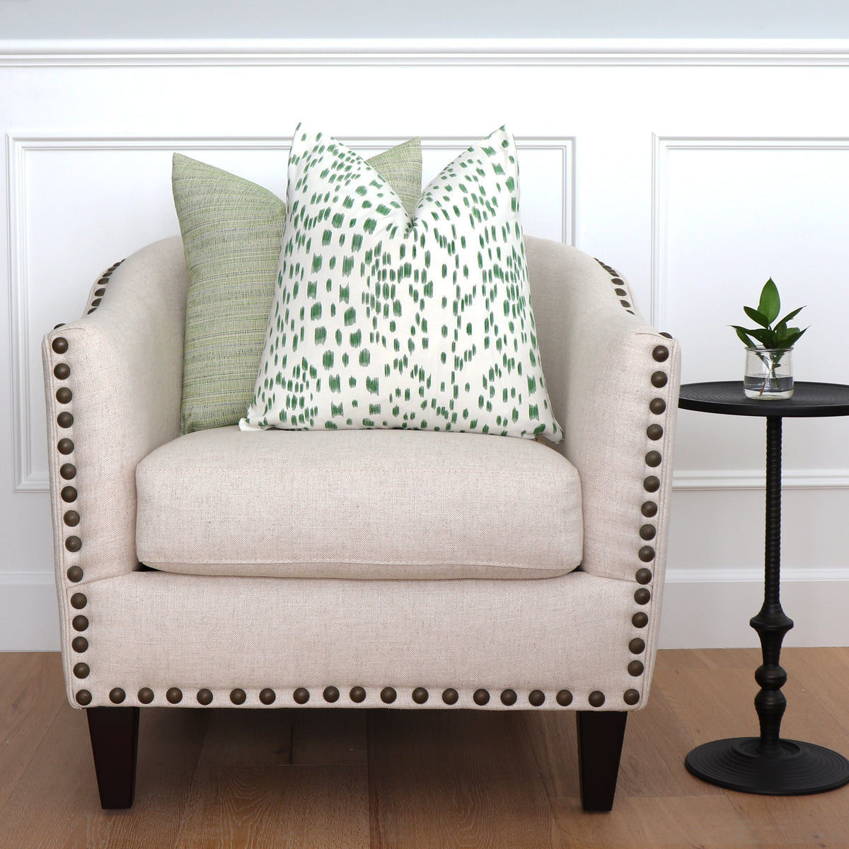 Brunschwig Fils Les Touches Green Throw Pillow Cover on Barrel Accent Chair