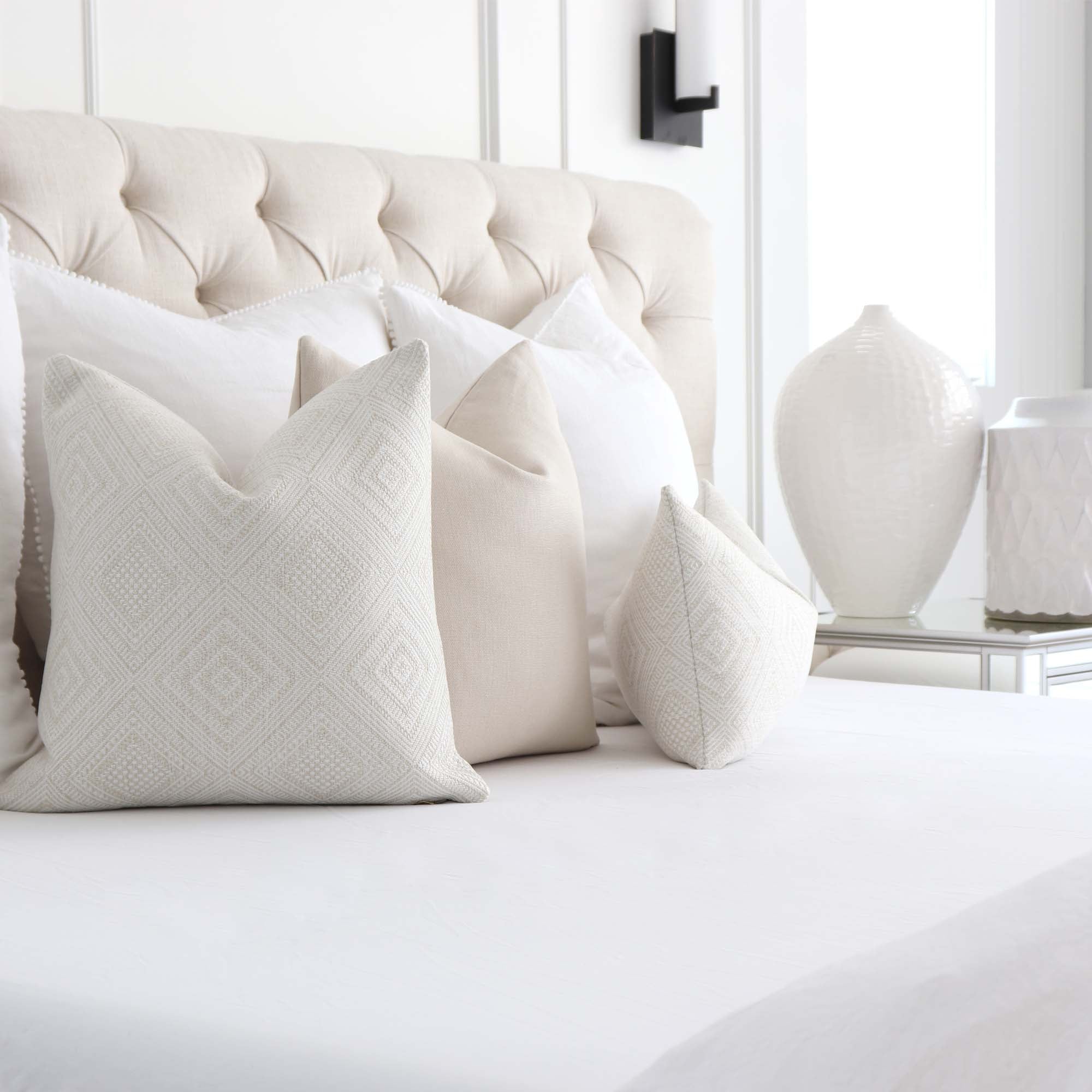 Scalamandre Antigua Weave Alabaster White Geometric Diamond Designer Luxury Throw Pillow Cover in Bedroom Home Decor