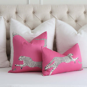 Scalamandre Leaping Cheetah Bubblegum Pink Animal Print Luxury Decorative Throw Pillow Cover with Extra Large White Linen Euro Shams on Bed