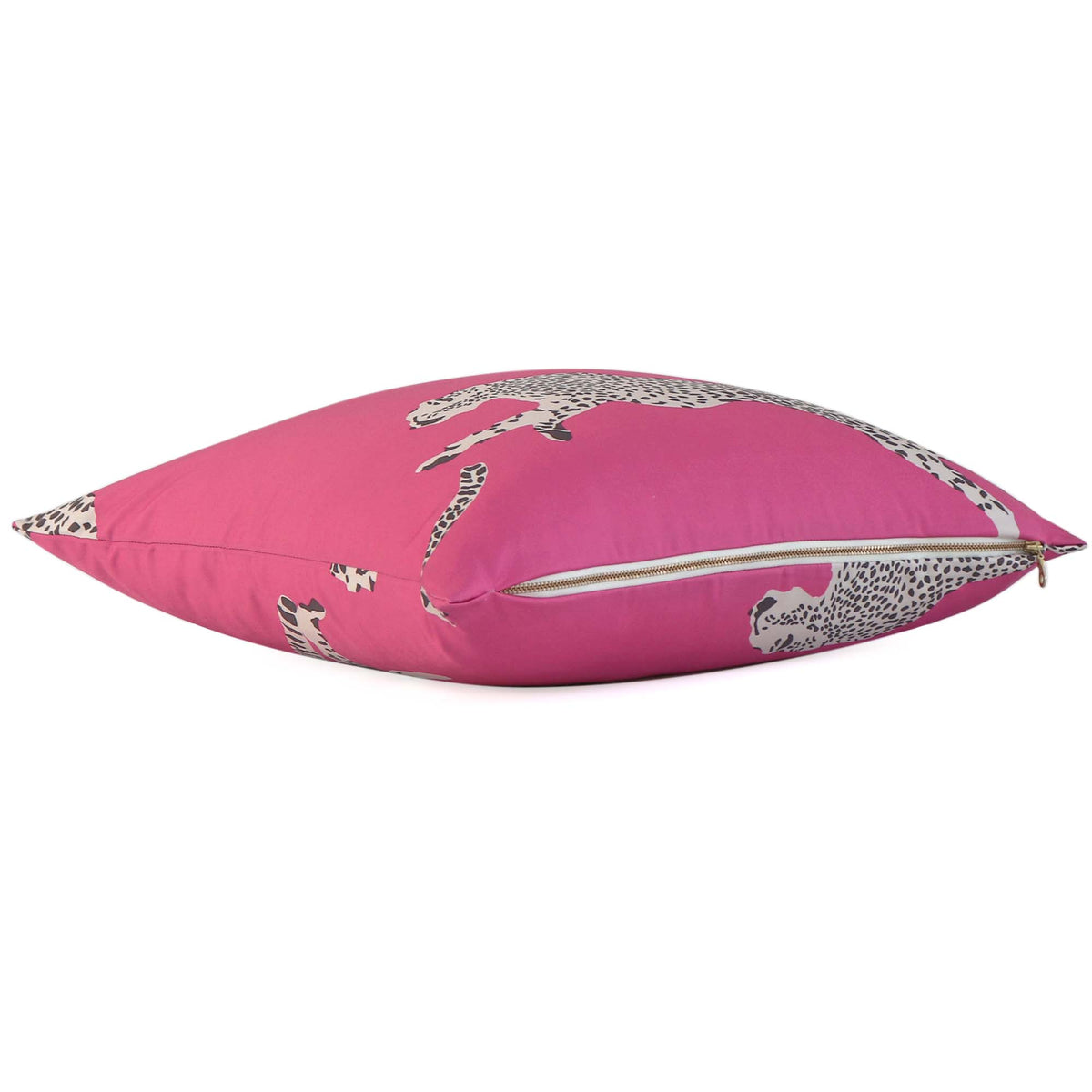 Scalamandre Leaping Cheetah Bubblegum Pink Animal Print Luxury Decorative Throw Pillow Cover with Exposed Brass Gold Shiny Zipper