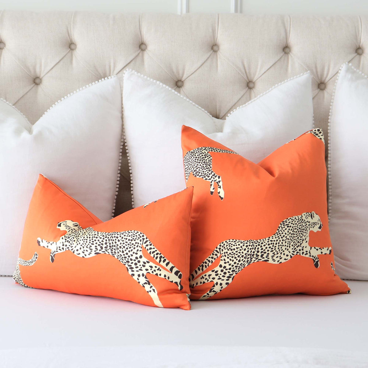 Scalamandre Leaping Cheetah Clementine Orange Luxury Throw Pillow Cover with Oversized White Euro Shams on Bed
