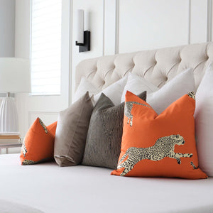Scalamandre Leaping Cheetah Clementine Orange Luxury Throw Pillow Cover with Designer Handcrafted Throw Pillows in Bedroom