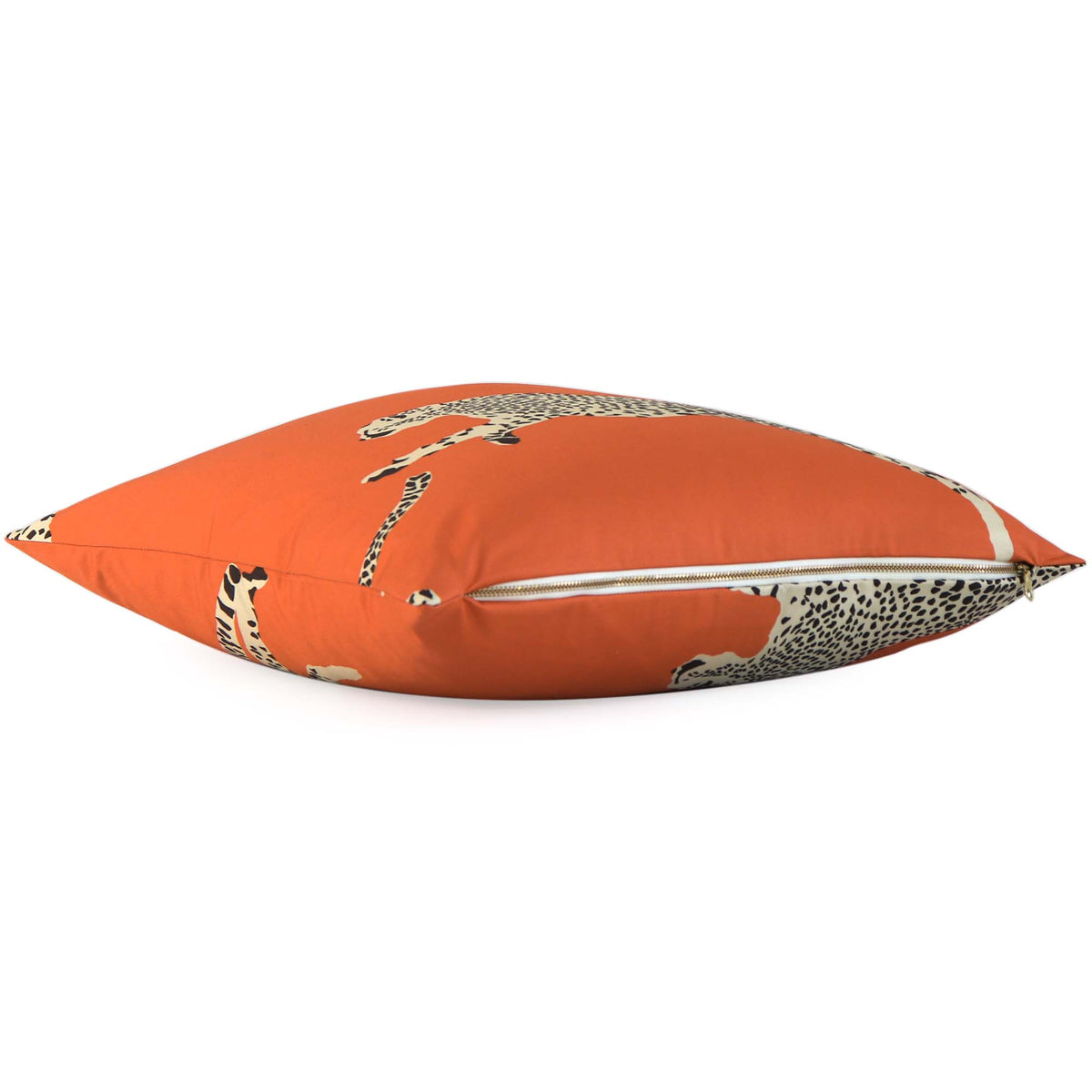 Scalamandre Leaping Cheetah Clementine Orange Luxury Throw Pillow Cover with Exposed YKK Brass Gold Zipper