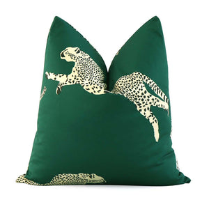 Scalamandre Leaping Cheetah Evergreen Green Animal Print Designer Decorative Throw Pillow Cover