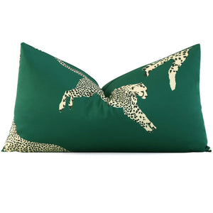 Scalamandre Leaping Cheetah Evergreen Green Animal Print Designer Decorative Lumbar Throw Pillow Cover