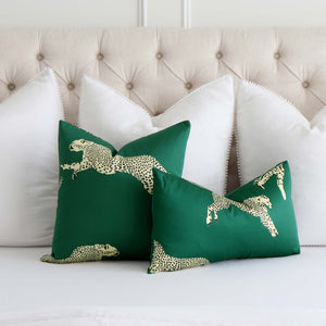 Scalamandre Leaping Cheetah Evergreen Green Animal Print Designer Decorative Throw Pillow Cover with Large White Euro Cushions on Bed