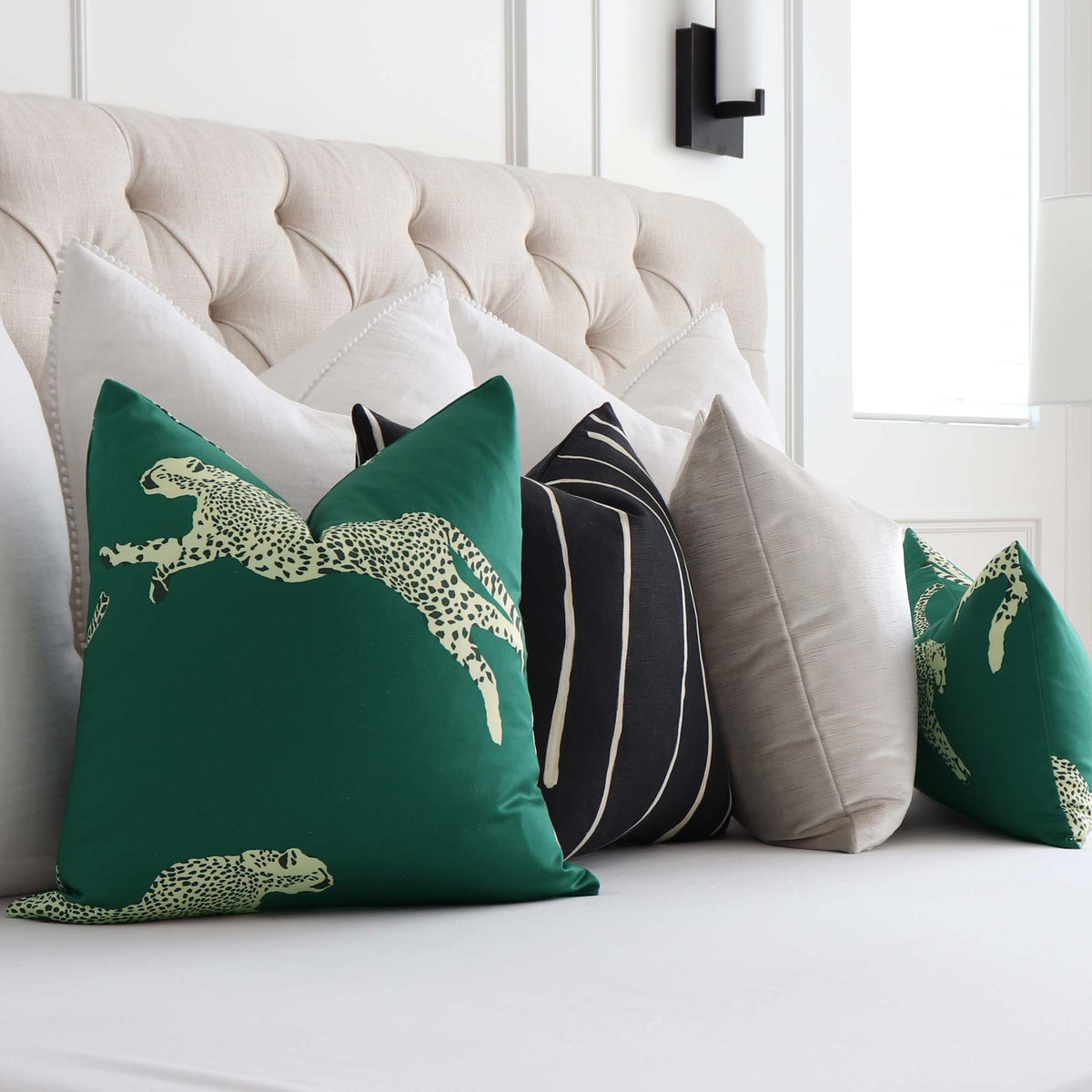 Scalamandre Leaping Cheetah Evergreen Green Animal Print Designer Decorative Throw Pillow Cover with Matching Pillow Set in Bedroom