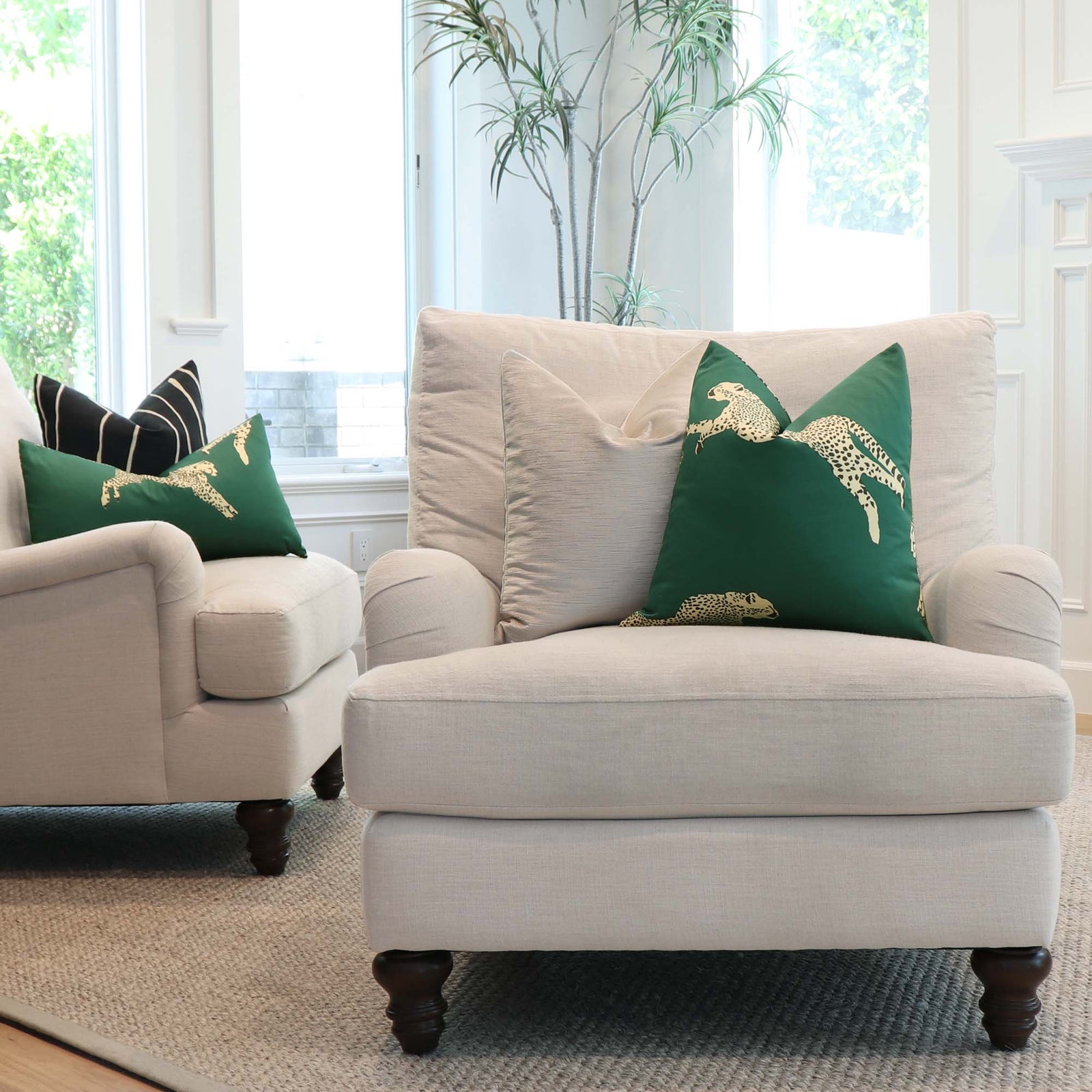 Scalamandre Leaping Cheetah Evergreen Green Animal Print Designer Decorative Throw Pillow Cover in Living Room on Comfy Chairs