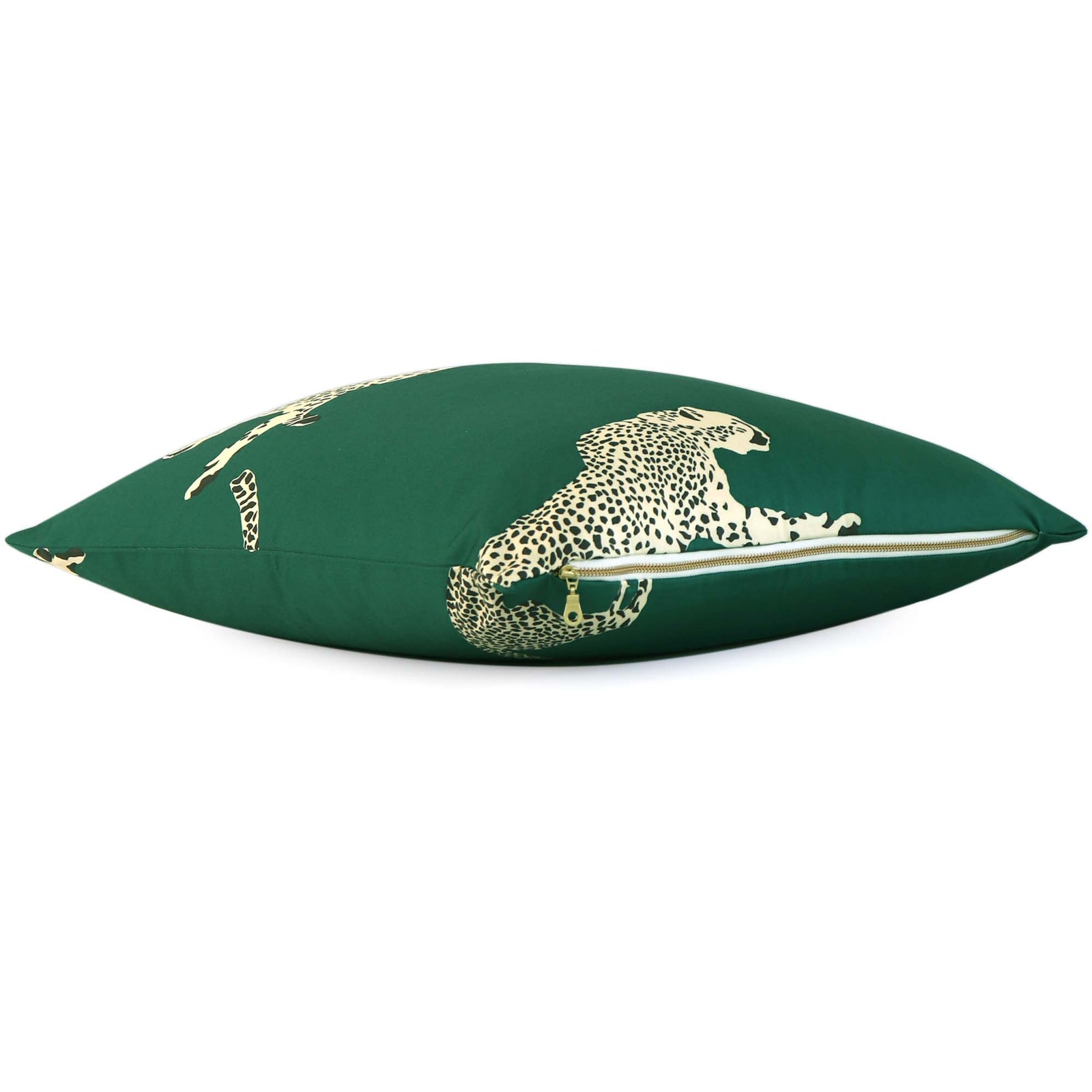 Scalamandre Leaping Cheetah Evergreen Green Animal Print Designer Decorative Throw Pillow Cover with Exposed Shiny Gold Zipper