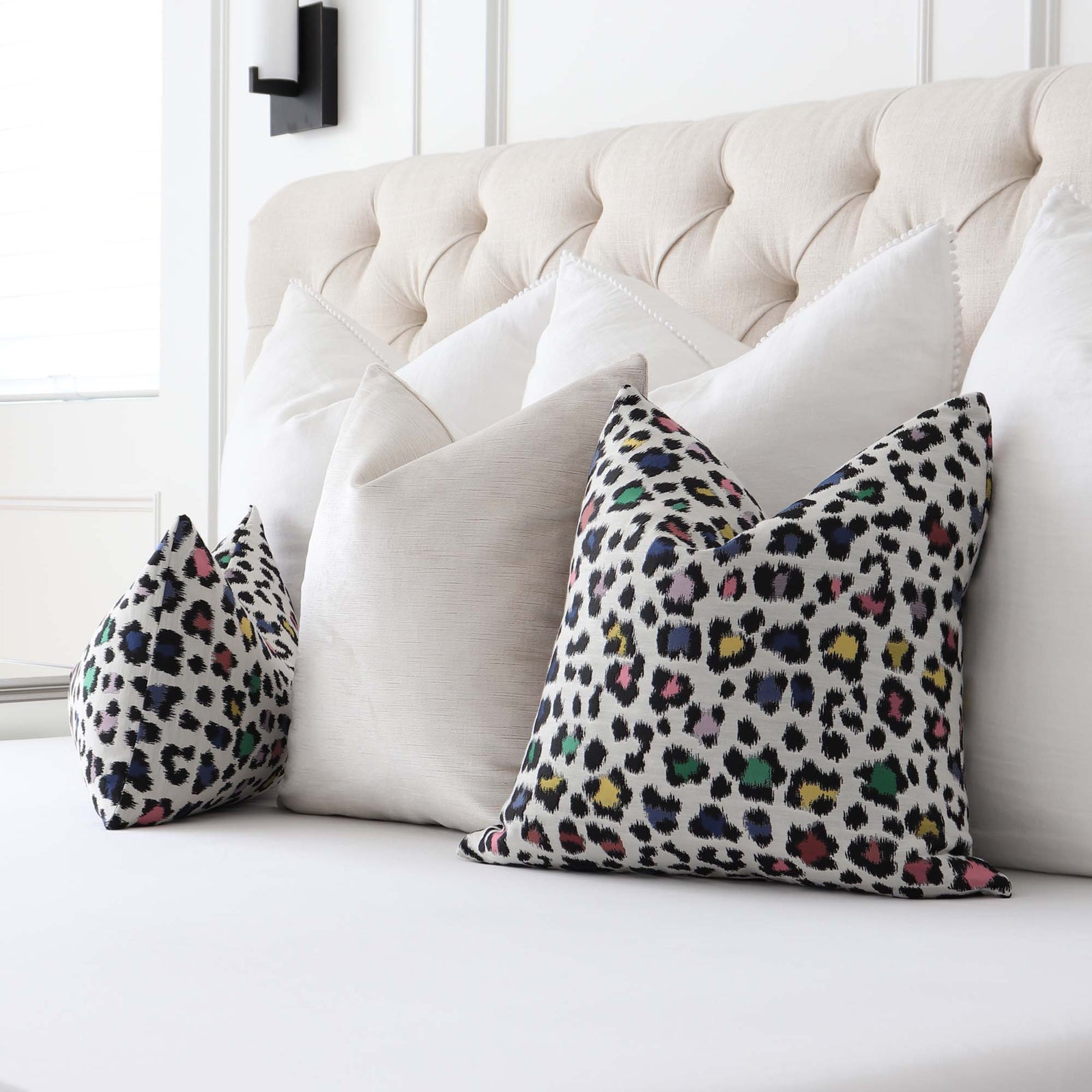 Scalamandre Rosette Disco Woven Colorful Animal Luxury Throw Pillow Cover with Coordinating Throw Pillows in Bedroom