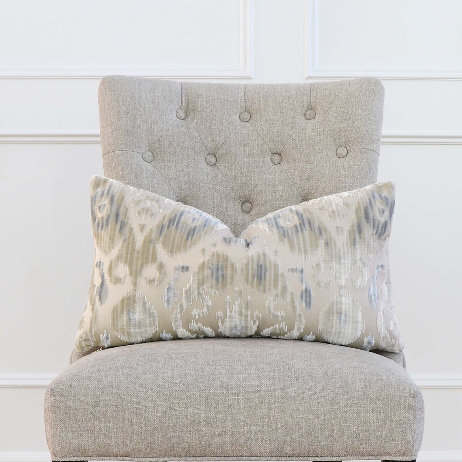 Scalamandre Tashkent Cloud Cut Velvet Luxury Designer Lumbar Throw Pillow Cover on Tufted Side Chair