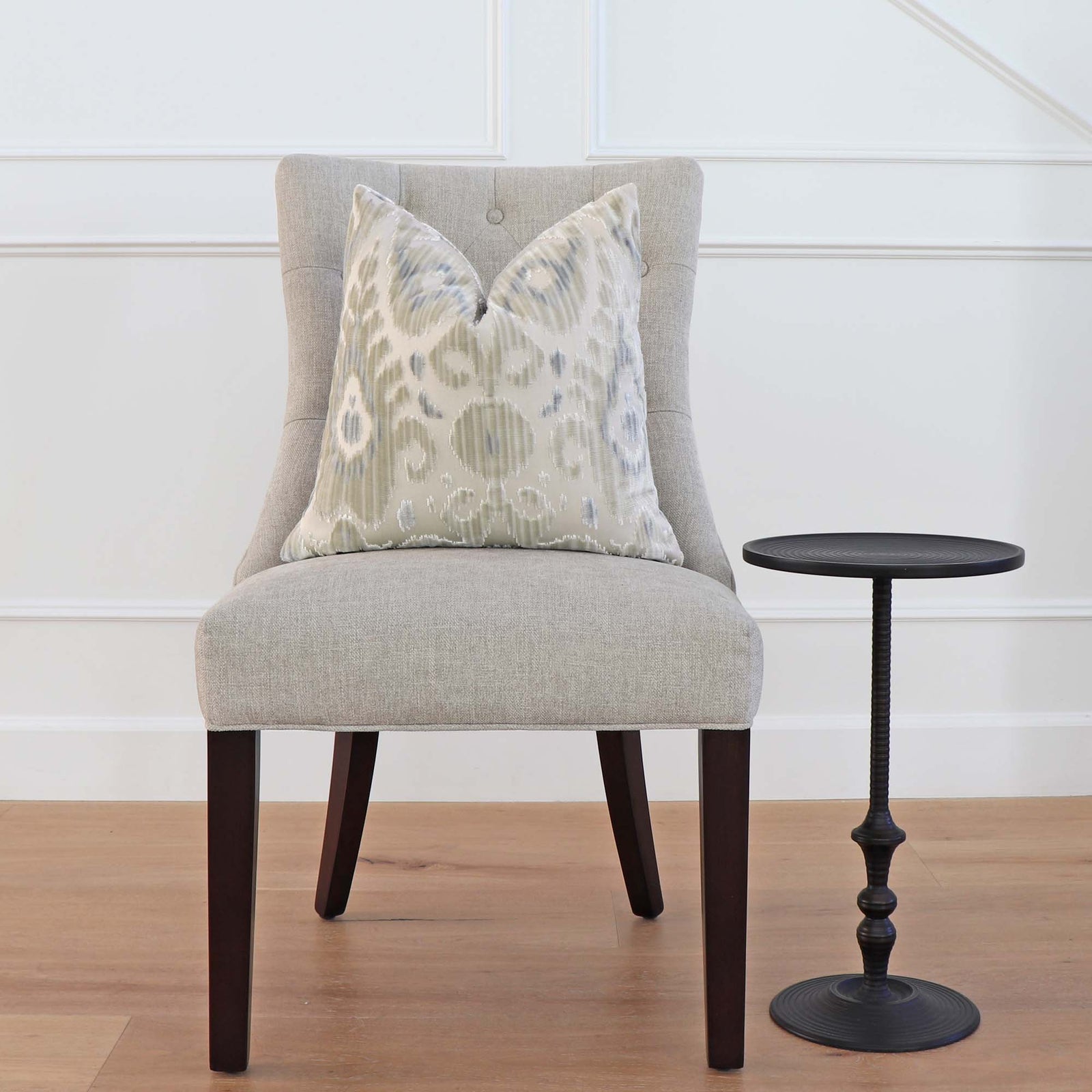 Scalamandre Tashkent Cloud Cut Velvet Luxury Designer Throw Pillow Cover on Dining Chair