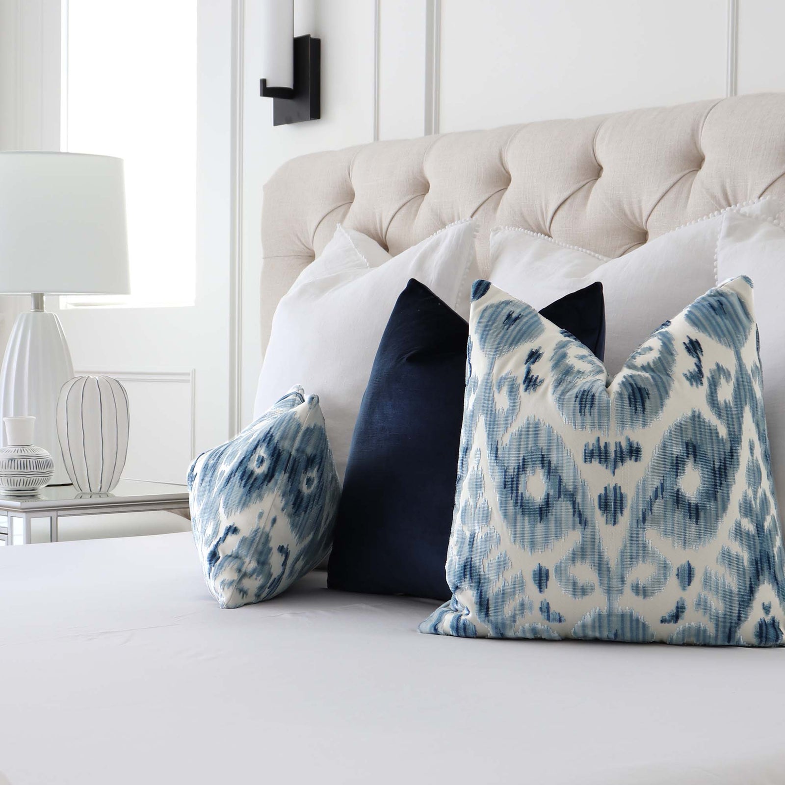 Scalamandre Tashkent Pacific Blue Ikat Velvet Designer Luxury Throw Pillow Cover in Bedroom with Matching Pillows