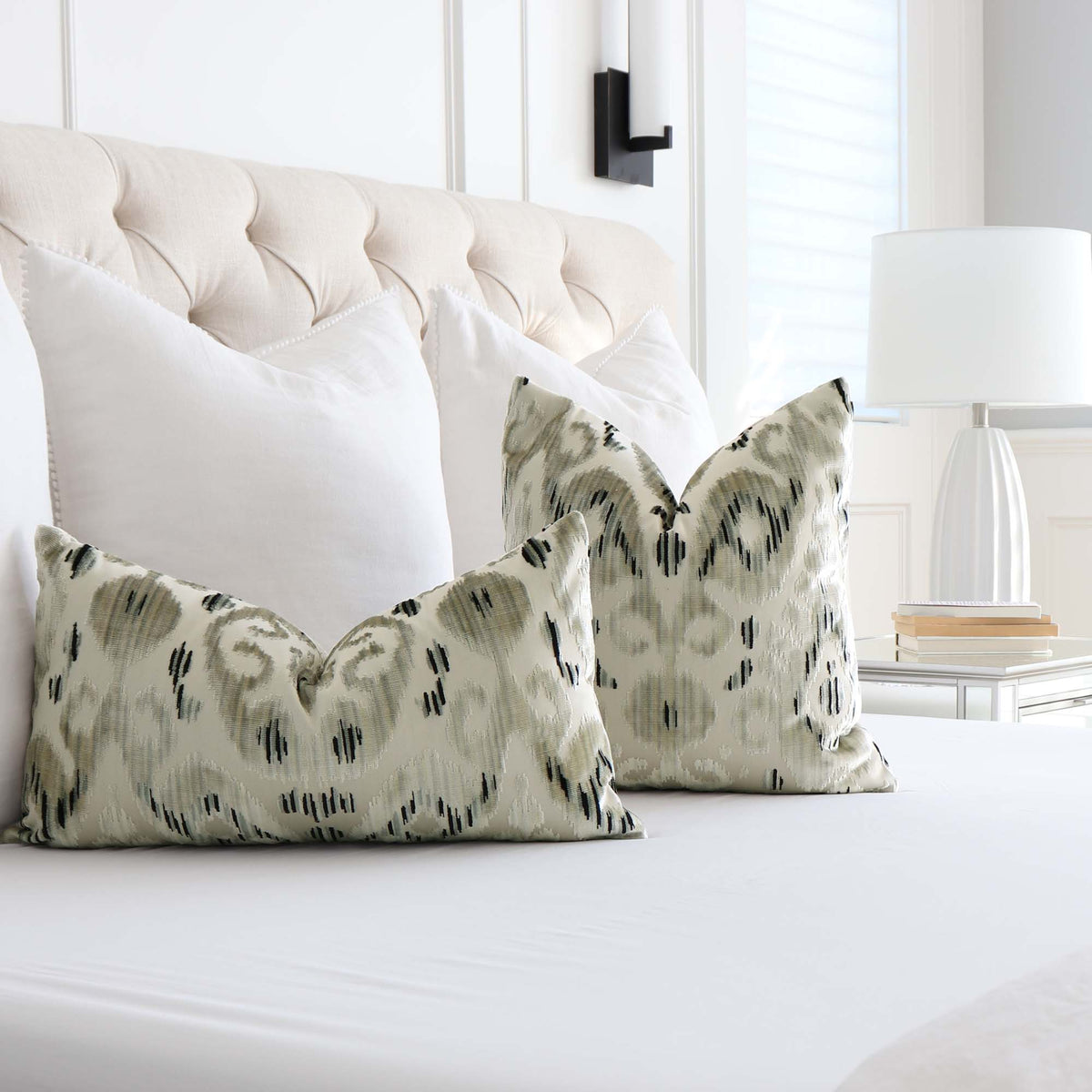 Scalamandre Tashkent Smoke Gray Ikat Designer Velvet Decorative Throw Pillow Cover in Bedroom