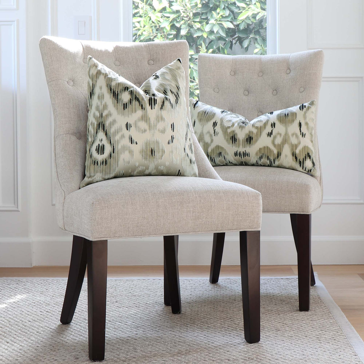 Scalamandre Tashkent Smoke Gray Ikat Designer Velvet Decorative Throw Pillow Cover on Chairs in Living Room