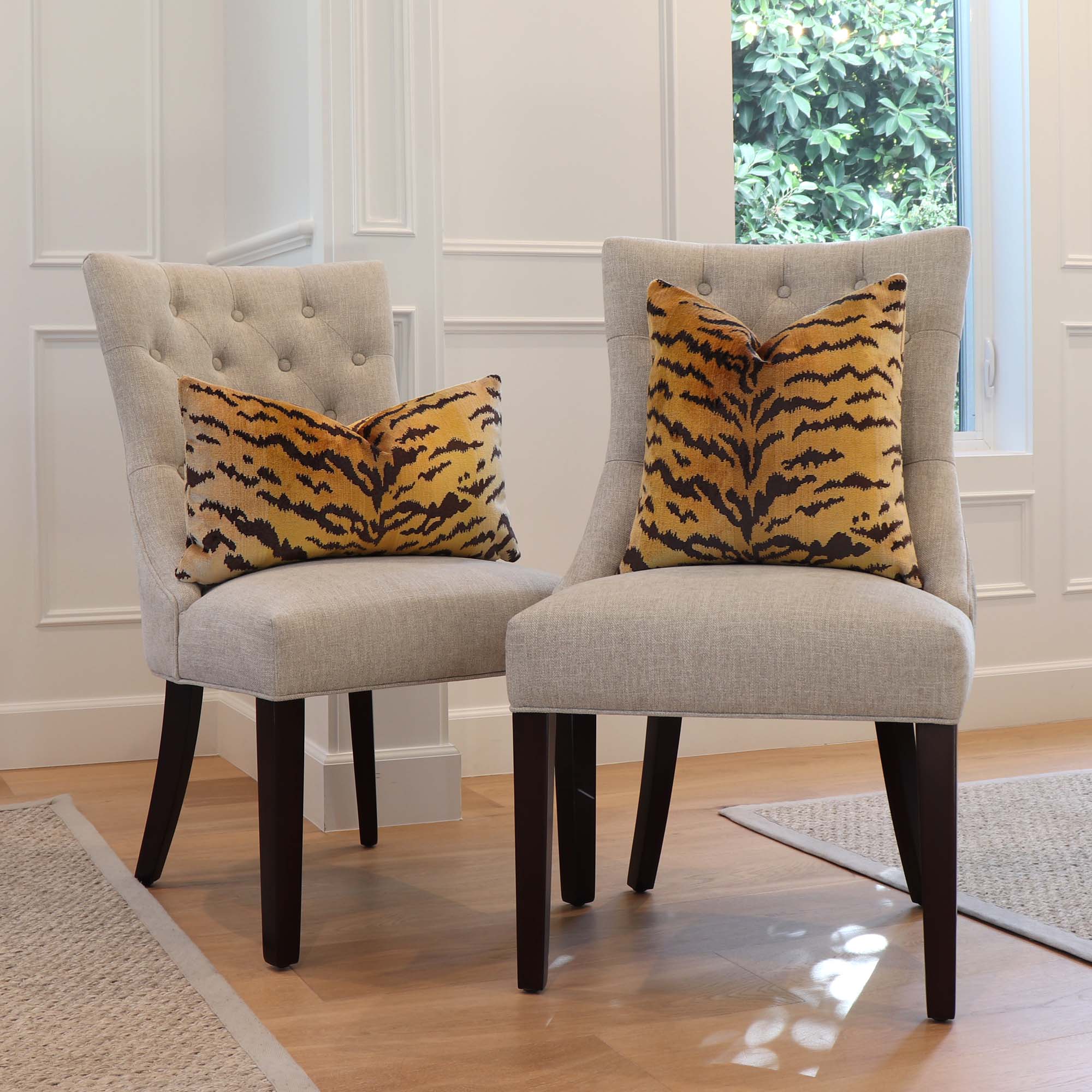 Scalamandre Tigre Silk Velvet Gold Animal Print Luxury Decorative Designer Throw Pillow Cover on Chairs in Home Decor