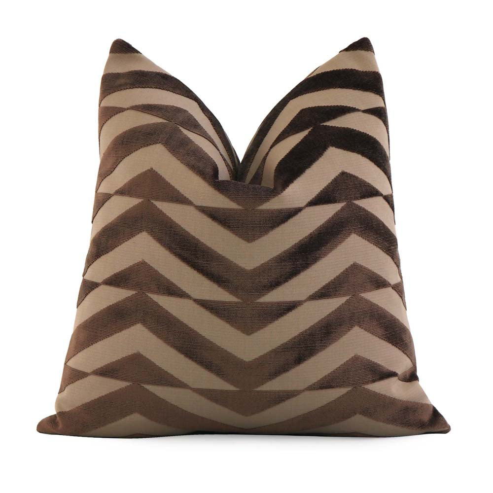 Schumacher Broken Chevron Brown and Camel Cut Velvet Decorative Designer Throw Pillow Cover