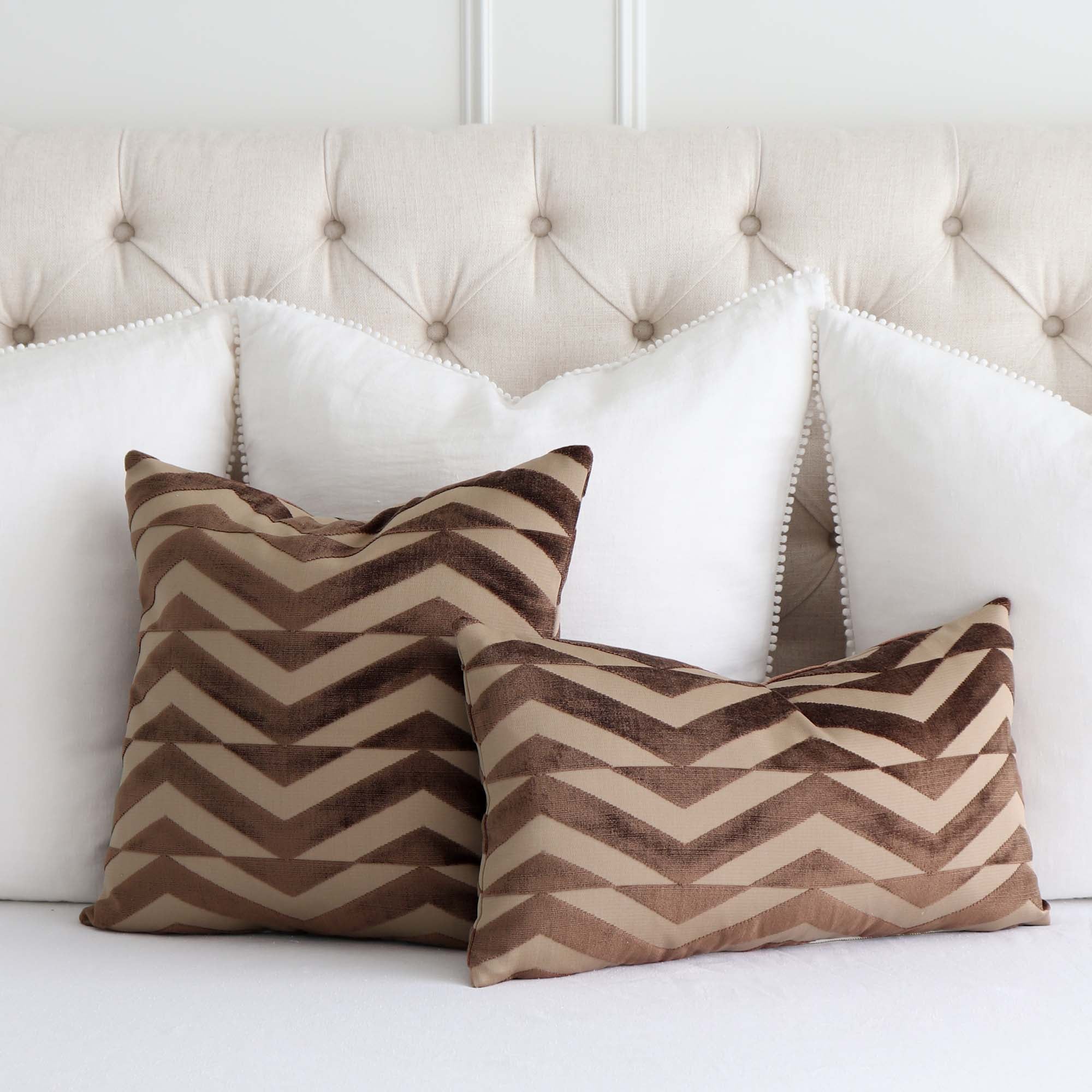Schumacher Broken Chevron Brown and Camel Cut Velvet Decorative Designer Throw Pillow Cover with Large White Euro Shams on Bed