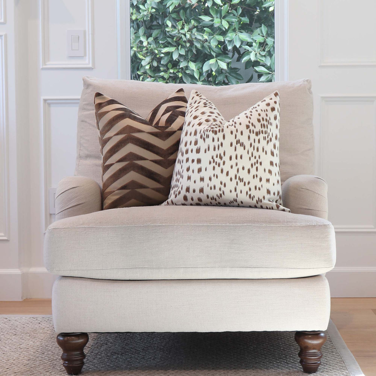 Schumacher Broken Chevron Brown and Camel Cut Velvet Decorative Designer Throw Pillow Cover on Accent Chair