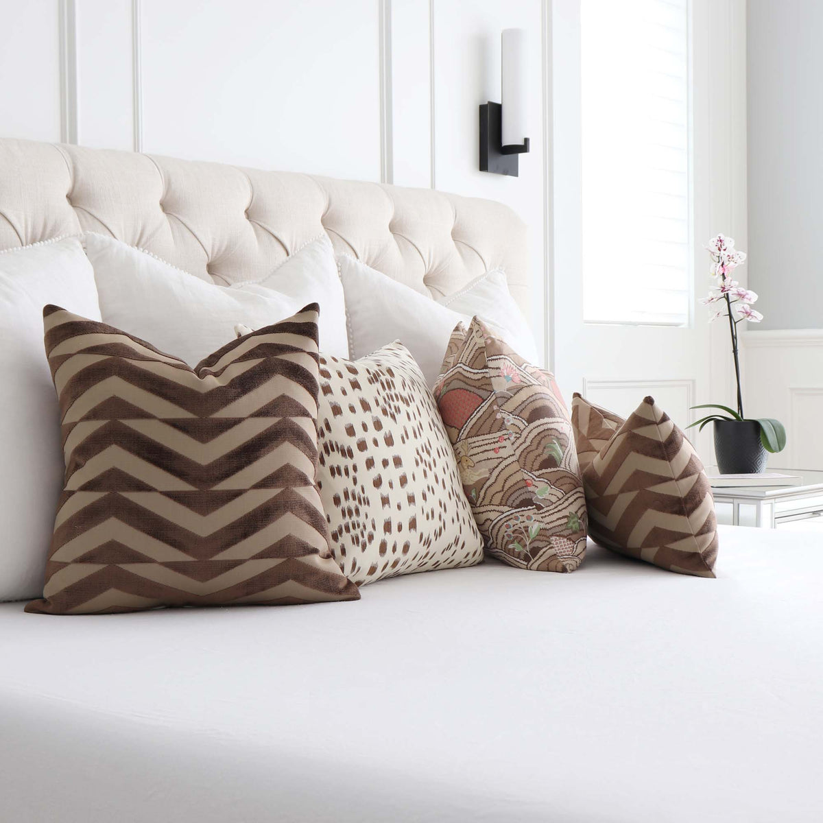 Schumacher Broken Chevron Brown and Camel Cut Velvet Decorative Designer Throw Pillow Cover with Coordinating Throw Pillows