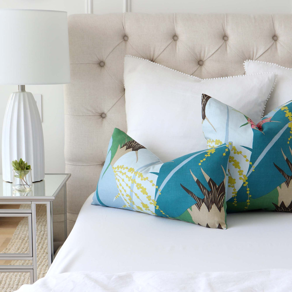 Schumacher Ananas Peacock Blue Pineapple Designer Luxury Throw Pillow Cover On Bed with Big White Shams