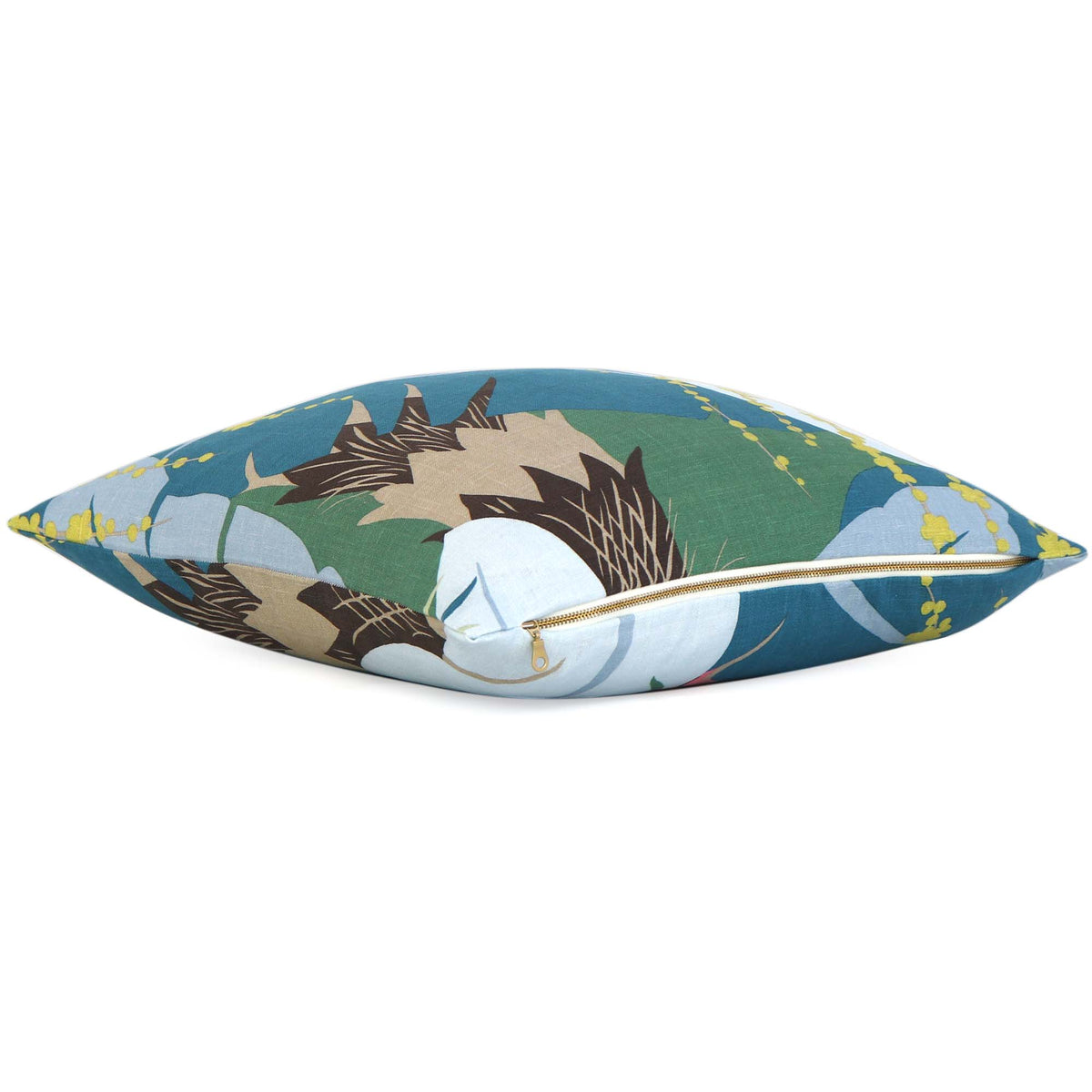 Schumacher Ananas Peacock Blue Pineapple Designer Luxury Throw Pillow Cover with Exposed Brass Gold Zipper