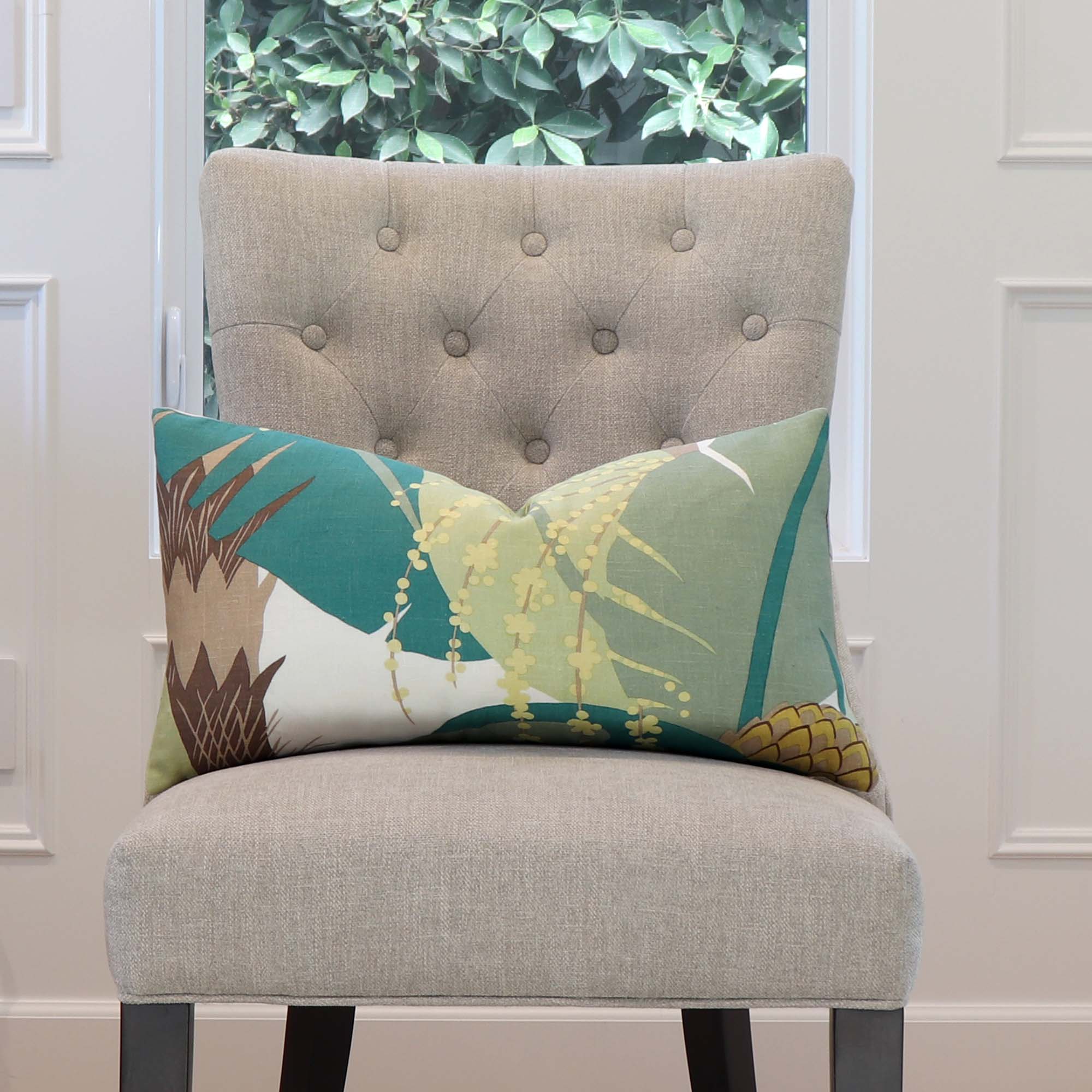 Schumacher Ananas Palm Pineapple Designer Luxury Decorative Lumbar Throw Pillow Cover on Armless Chair