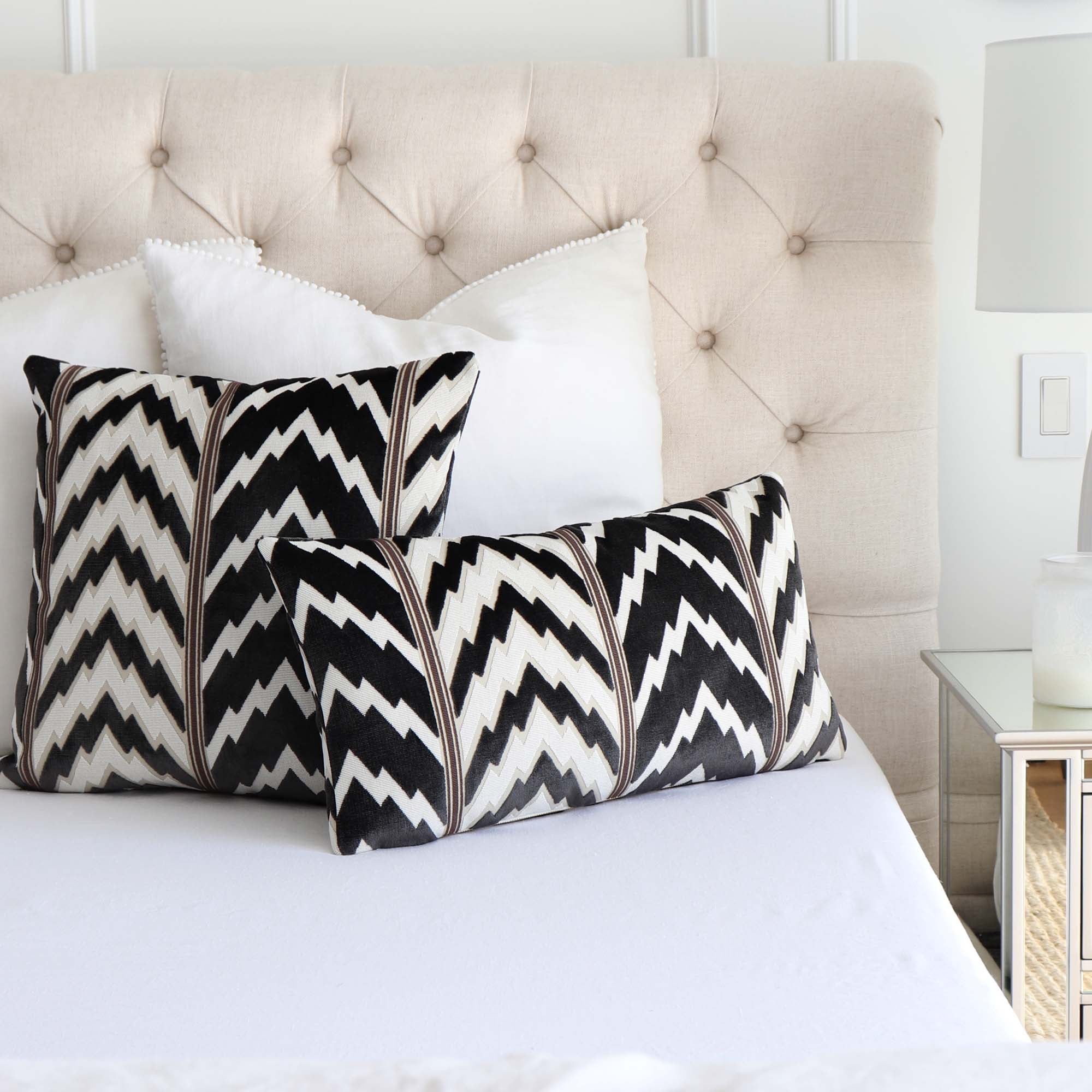 Schumacher Florentine Velvet Black Chevron Designer Luxury Decorative Throw Pillow Cover on Bed with White Square Euro Shams