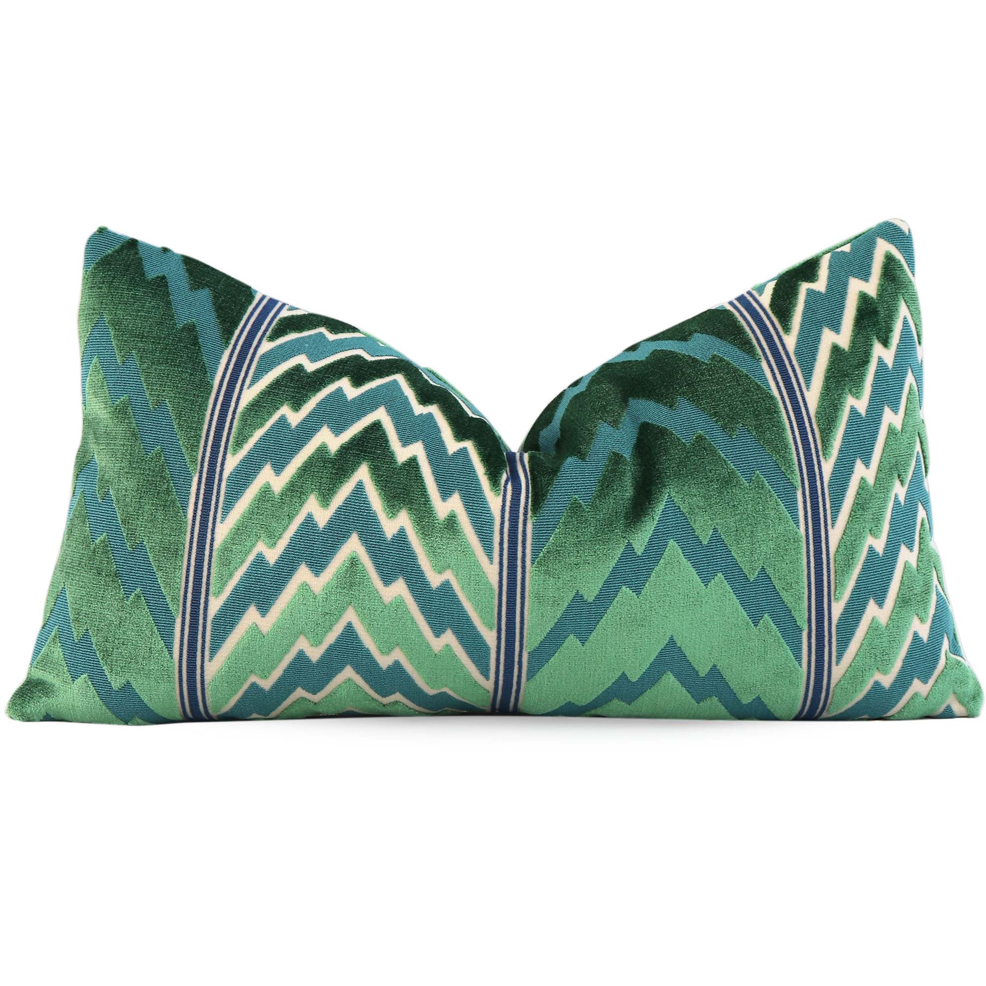 Schumacher Florentine Emerald Green Velvet Flame Stitch Designer Luxury Decorative Lumbar Throw Pillow Cover