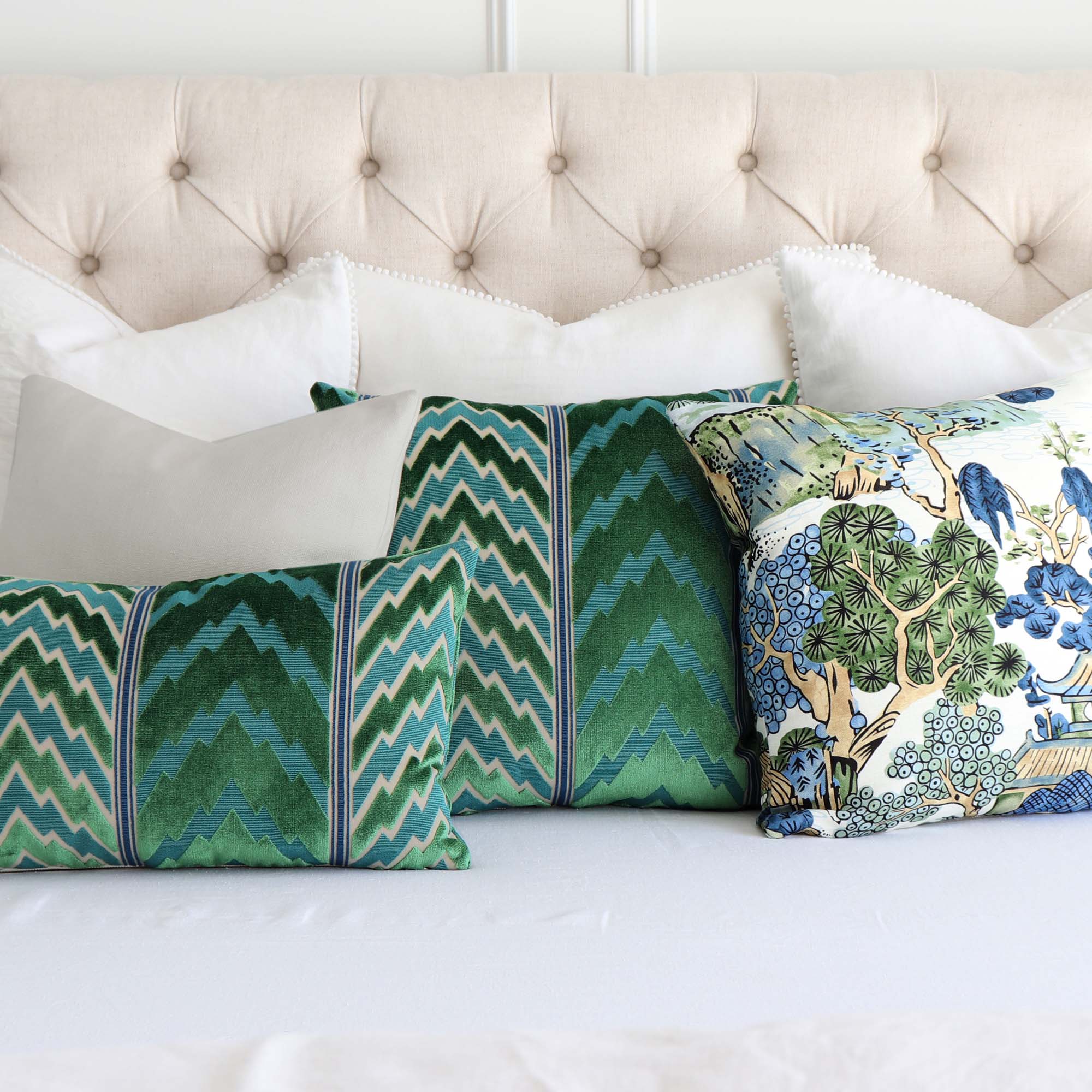 Schumacher Florentine Emerald Green Velvet Flame Stitch Designer Luxury Decorative Throw Pillow Cover with Matching Decorative Pillows