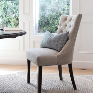 Schumacher Formentera Denim Textured Stripe Decorative Lumbar Throw Pillow Cover on Chair in Home