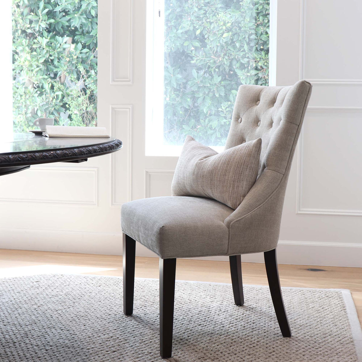 Schumacher Formentera Performance Sand Textured Tweed Designer Decorative Lumbar Throw Pillow Cover in Dining Room