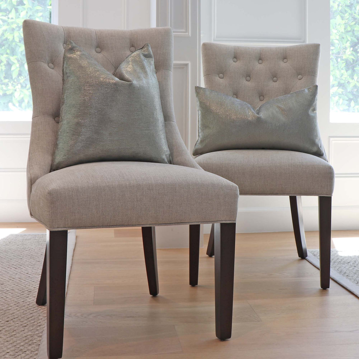 Schumacher Glimmer Mineral Textured Designer Luxury Throw Pillow Cover on Dining Chairs