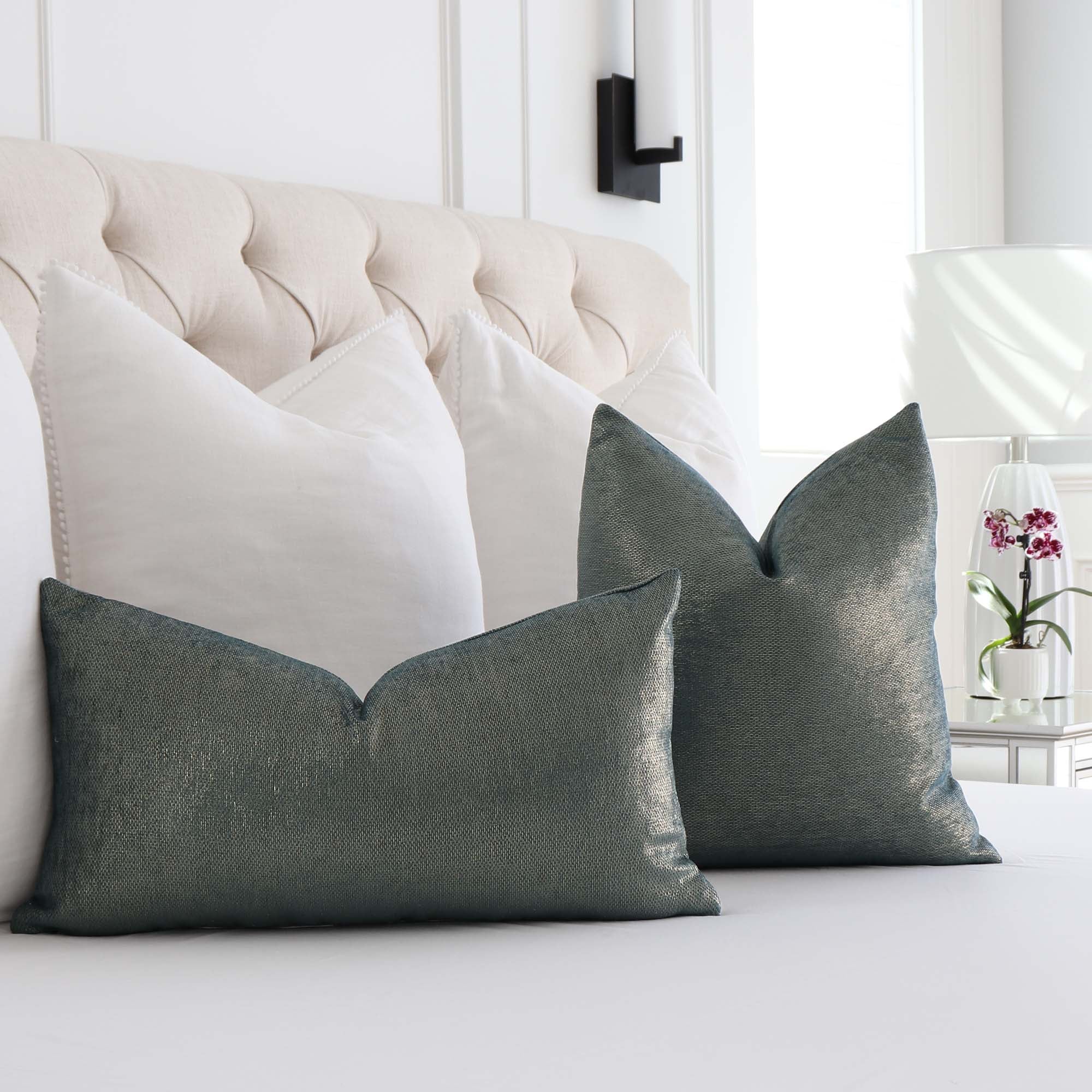 Schumacher Glimmer Peacock Blue Designer Luxury Throw Pillow Cover in Bedroom
