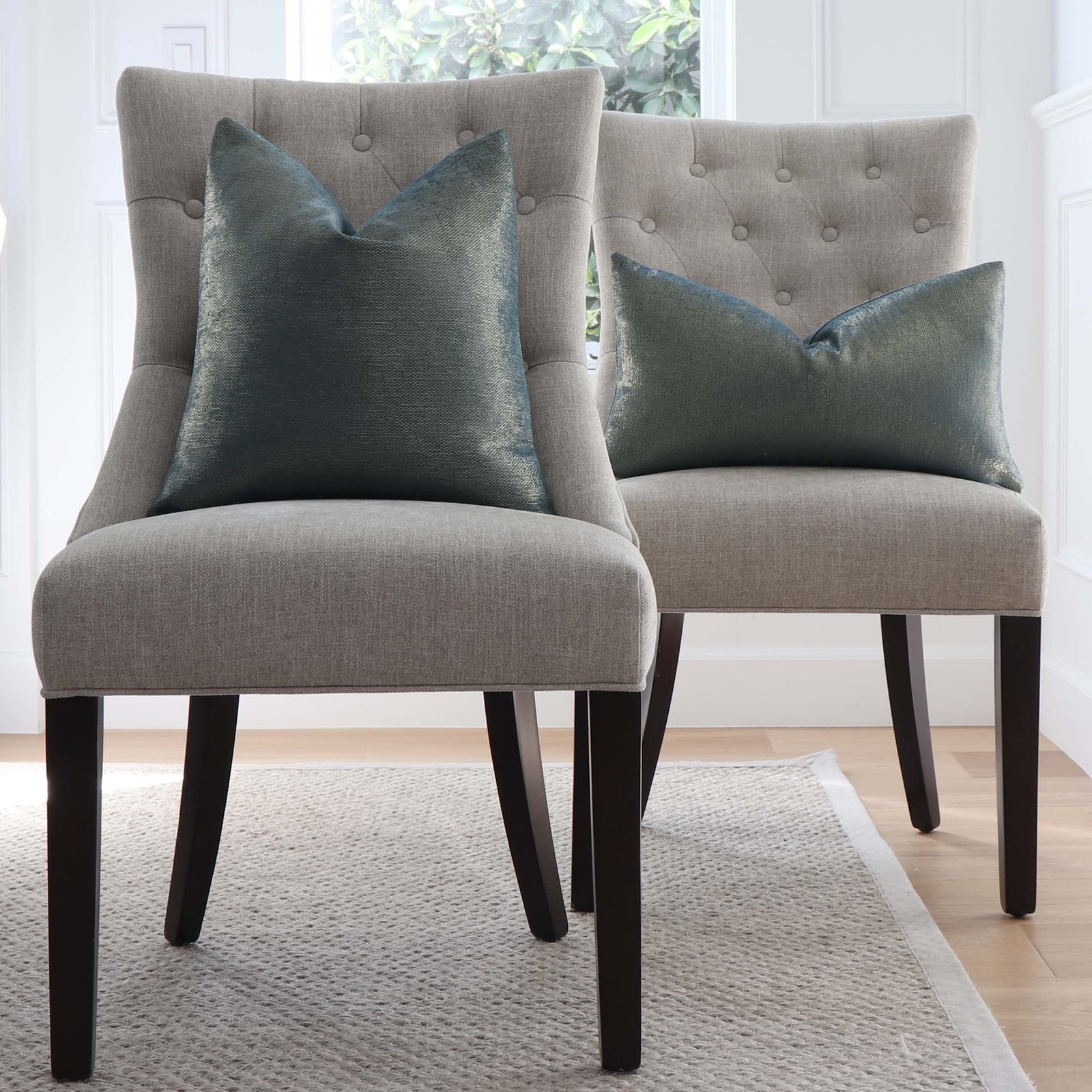 Schumacher Glimmer Peacock Blue Designer Luxury Throw Pillow Cover on Dining Chairs in Living Room