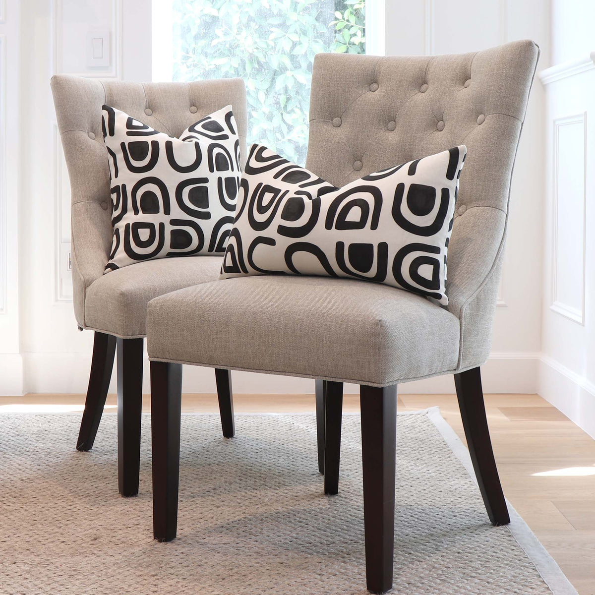 Schumacher Hidaya Williams Threshold Carbon Black Graphic Print Linen Decorative Throw Pillow Cover on Side Chairs in Home Decor