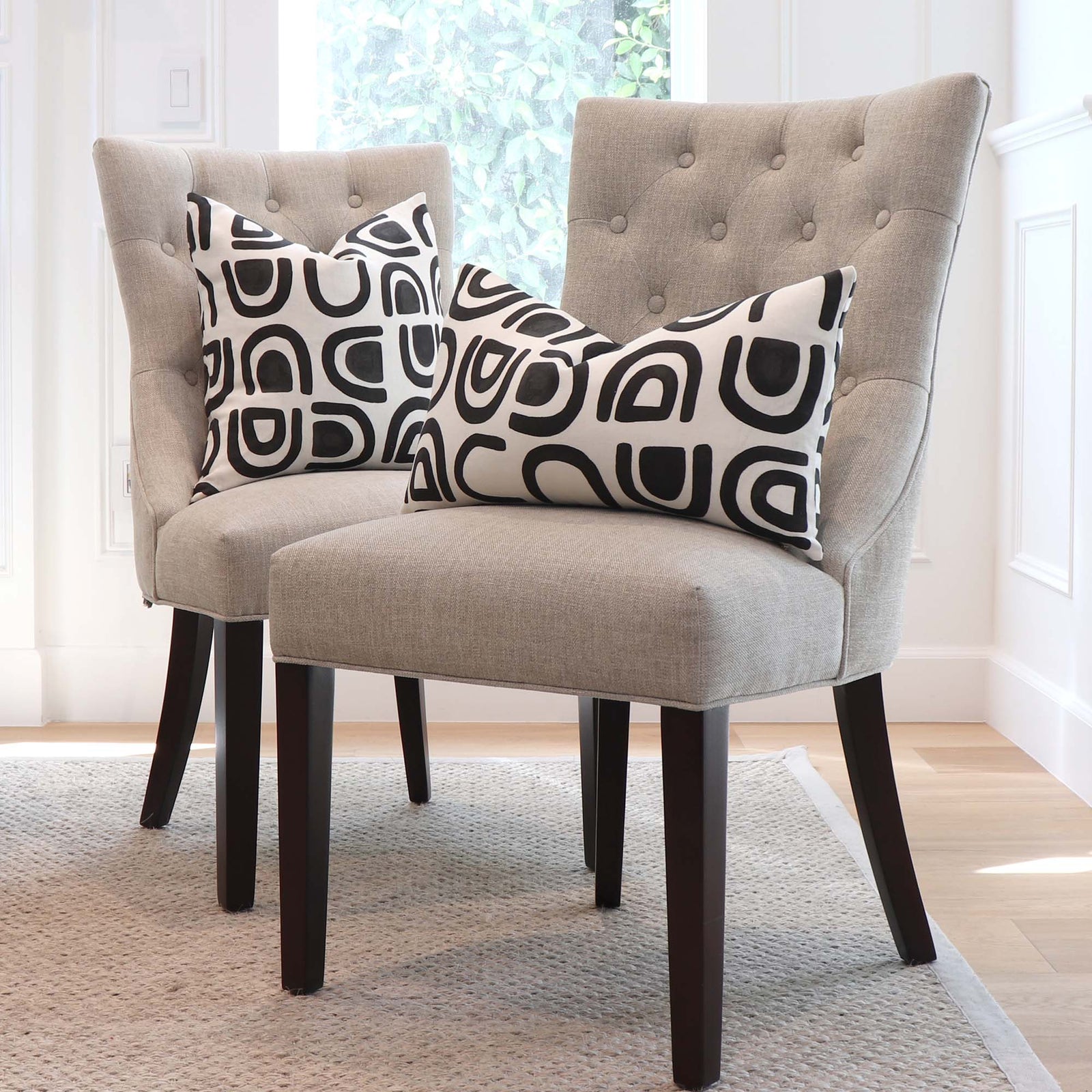 Schumacher Hidaya Williams Threshold Carbon Black Graphic Print Linen Decorative Throw Pillow Cover on Side Chairs in Home Decor