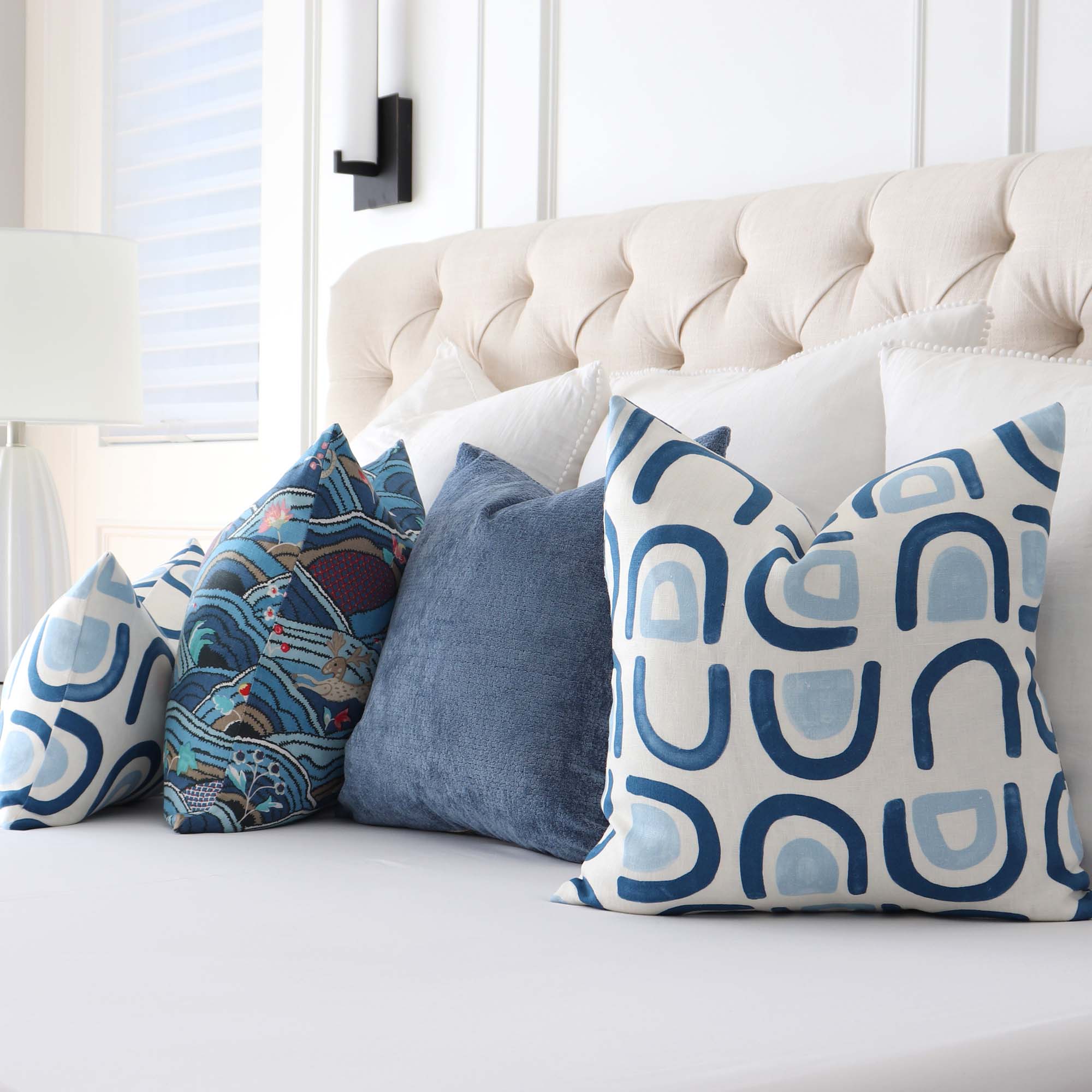 Schumacher Hidaya Williams Threshold Lapis Blue Graphic Print Designer Linen Decorative Throw Pillow Cover with Matching Throw Pillows
