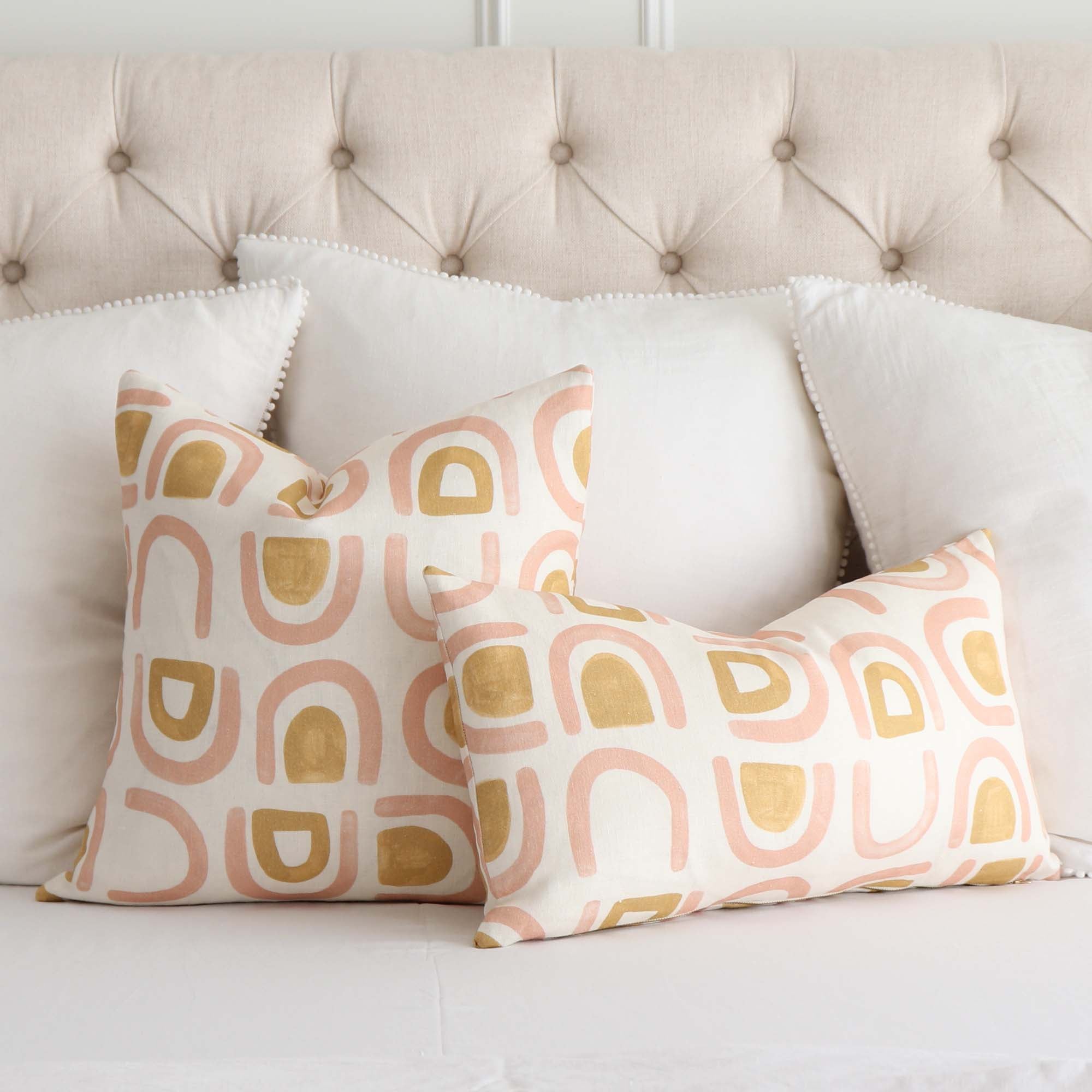 Schumacher Hidaya Williams Threshold Salt Ochre Graphic Print Linen Decorative Designer Throw Pillow Cover on Bed with Big White Euro Pillows