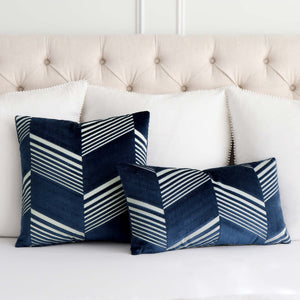 Schumacher Jessie Cut Velvet Navy Blue Designer Decorative Throw Pillow Cover on Bed with White Euro Shams