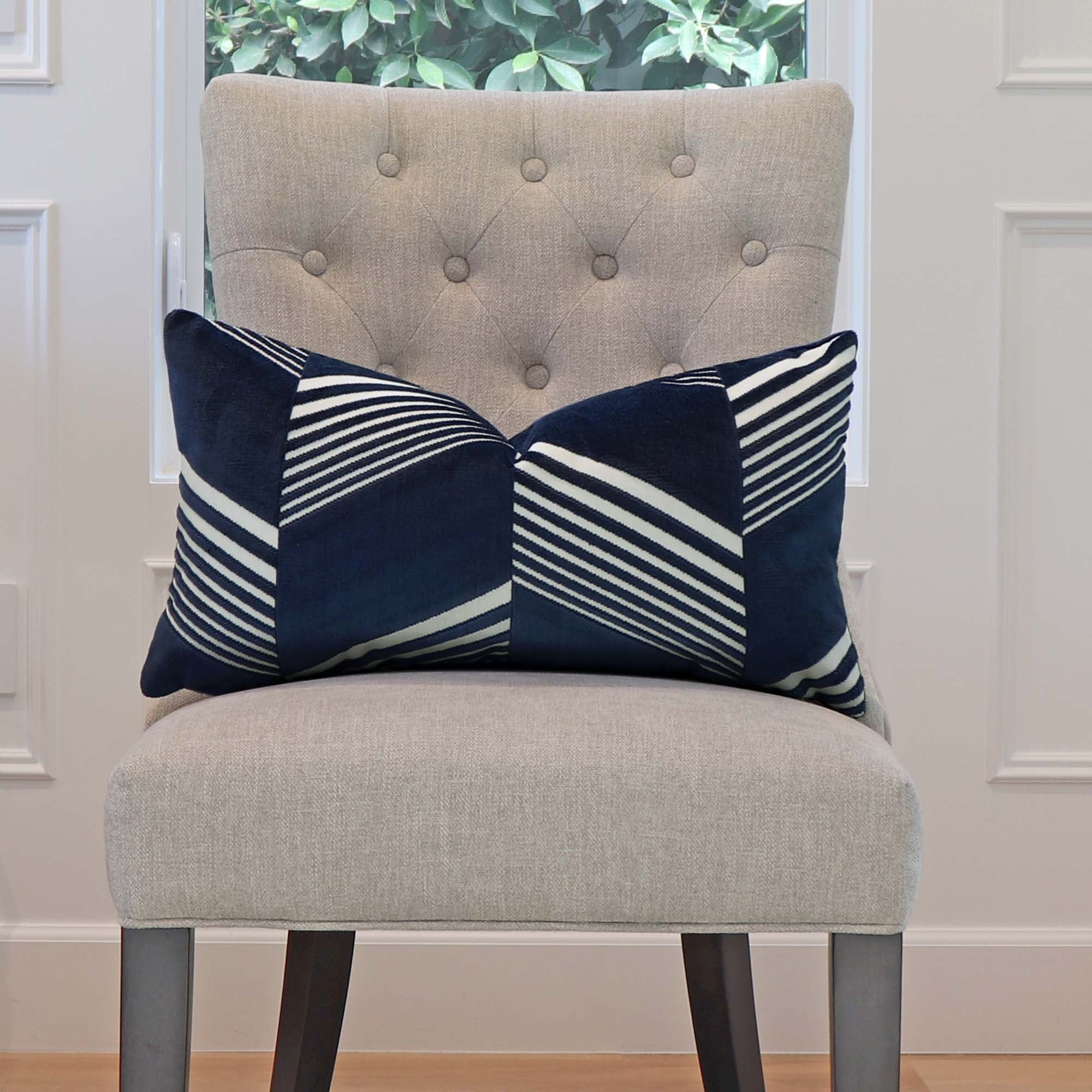 Schumacher Jessie Cut Velvet Navy Blue Designer Decorative Lumbar Throw Pillow Cover on Armless Chair